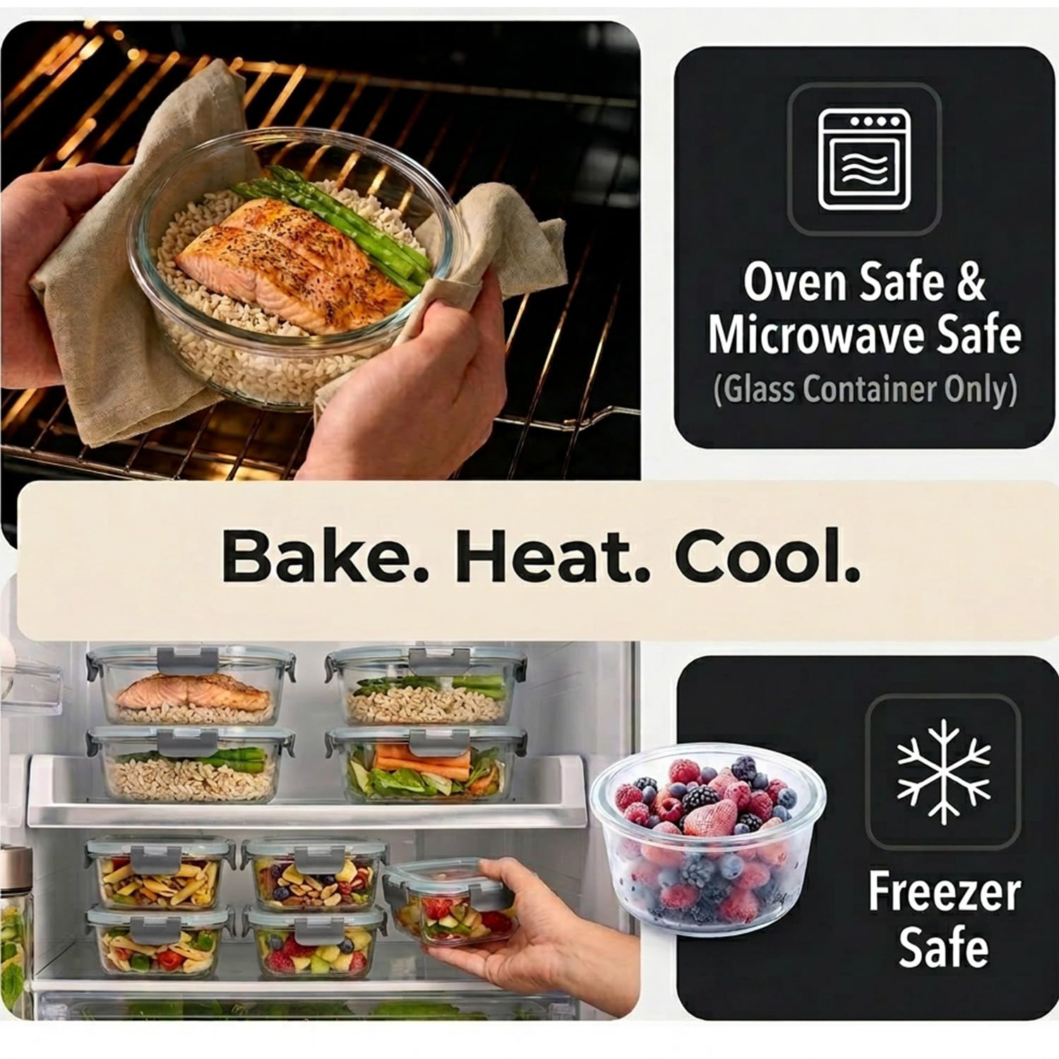 Contenitori in vetro con coperchio, 12 pezzi Meal Prep Boxe & Contenitori salvafreschezza (400 ml e 970 ml) in vetro borosilicato, senza BPA e ermetici per microonde e lavastoviglie I Food