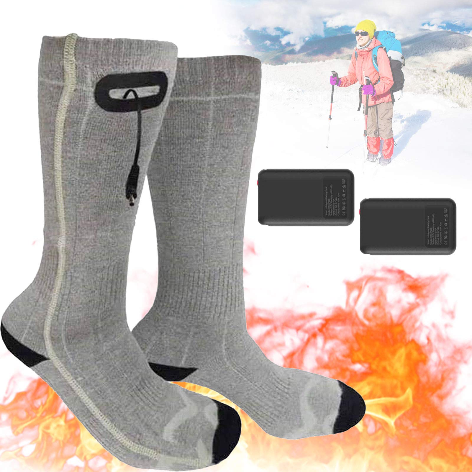 NANANA Calcetines Térmicos, Calcetines Calefactables, Eléctrico Calcetines Calientes Climatizada 3.7v para Hombres y Mujeres, Ideal para Esquí Senderismo Pesca Cámping,Gris,2600 mAh