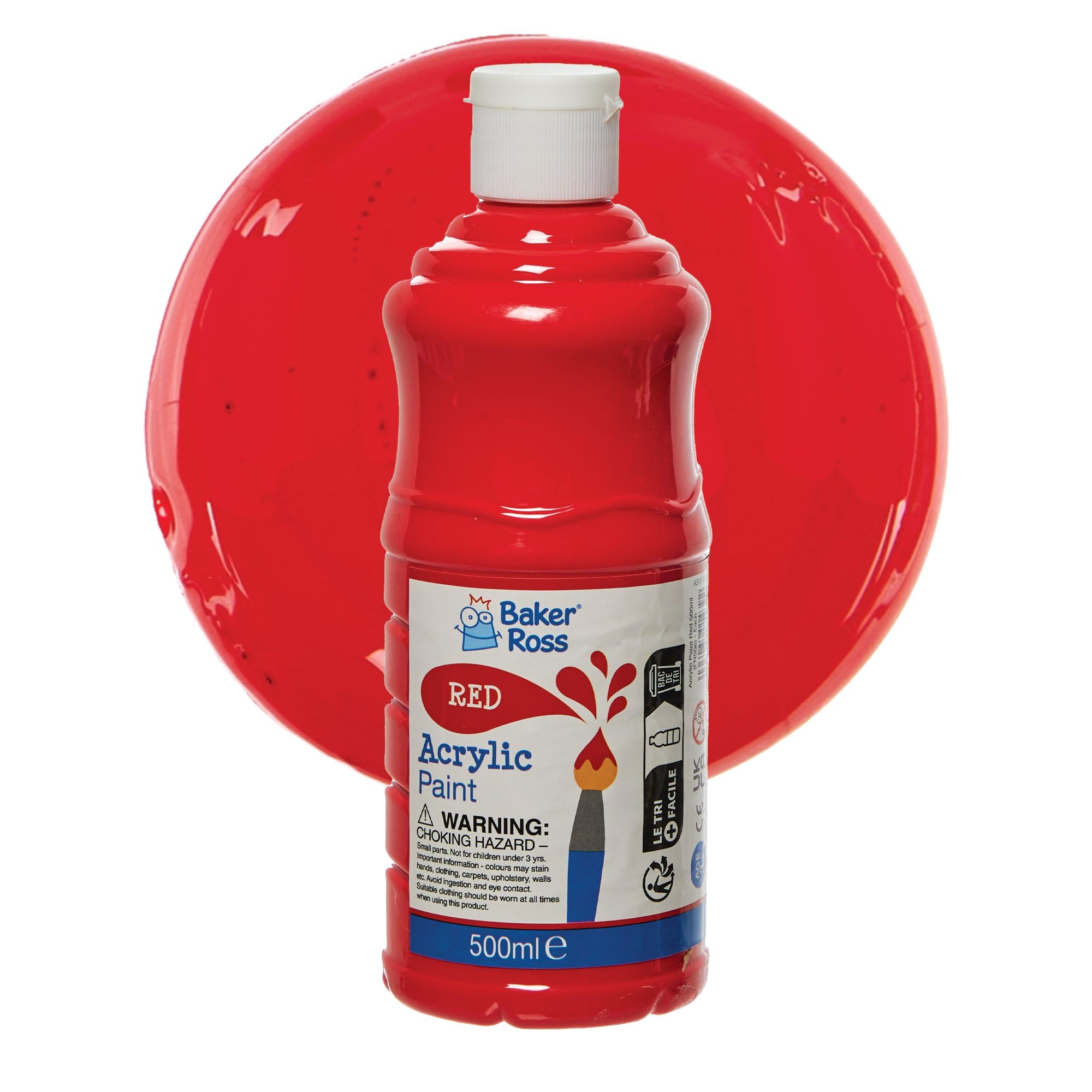 Baker Ross FN506 Red Acrylic Paint - Pack of 1, 500ml, Gloss Finish, Poster Paint, Waterproof, Wood Canvas Card Painting