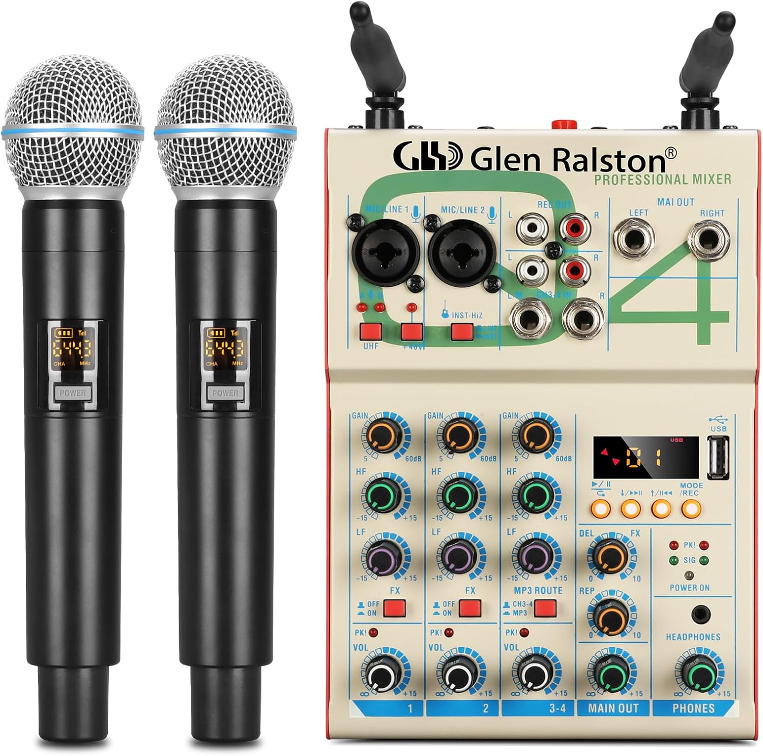 Professional Q4 Audio Mixer, 4 Channel DJ Mixer With Dual UHF Wireless Microphone, MP3 Bluetooth 48V Phantom USB use for Live broadcast performance sing Home Karaoke Party Studio Recording