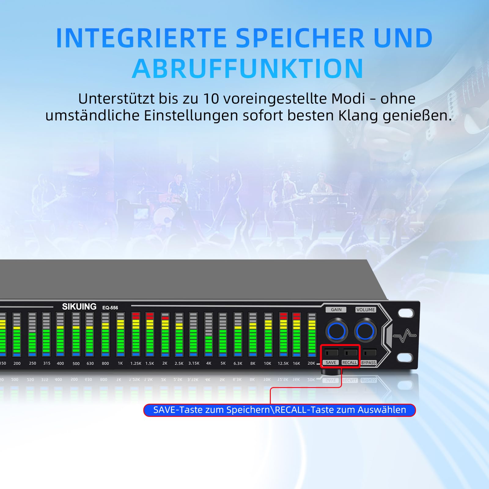 31-Band Digital Equalizer,LED-Musikspektrumanzeige,Stereo Dual-Channel mit 10 voreingestellten Modi,Bluetooth & USB,Noise-Canceling Funktion,Ideal für Zuhause,Partys und Bühnenauftritte EQ556