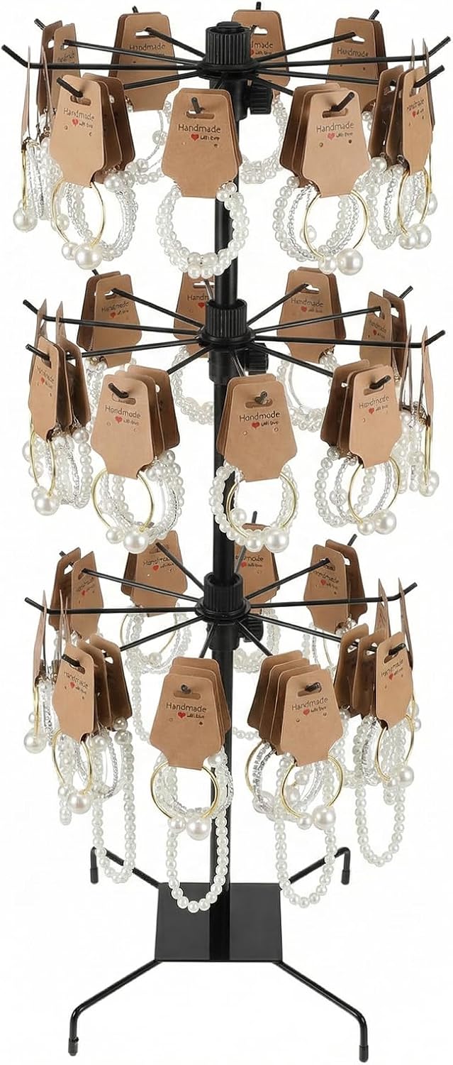 COMNICO Rotating Jewelry Display Stand with 200 Pcs Bracelet Display Cards, 3 Tier Metal Adjustable Jewelry Displays Rack with Hooks for Necklace Earrings Key Rings Hats Socks