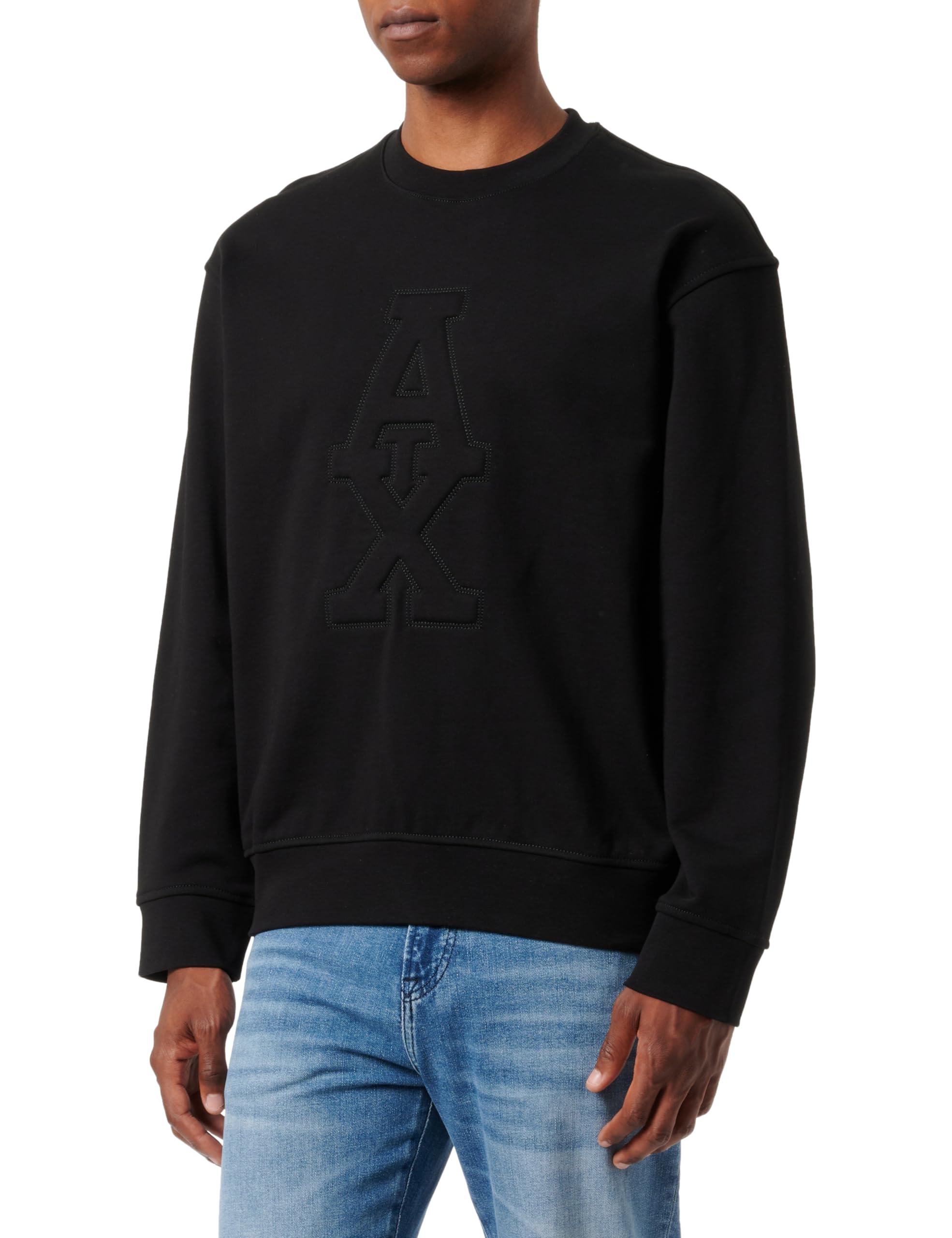 Armani Exchange Men's Ax Stacked Logo Cotton French Terry Crew Neck Sweatshirt, black, L