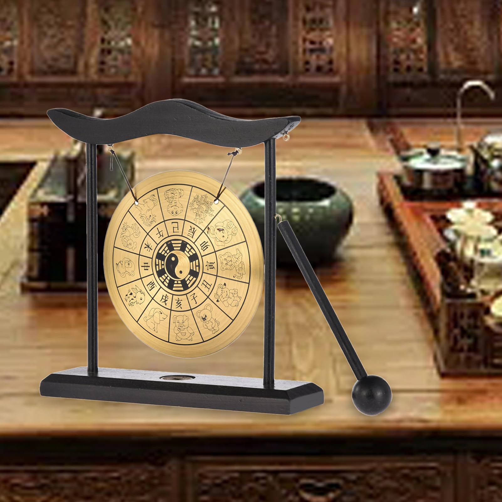 Mini Gong con Mazo - Gong De Escritorio De 12,5 Cm Fácil De Mantener con Soporte, Instrumento De Percusión De Latón con Sonido Agradable, De Viento Chino | Muebles Orientales Decoración