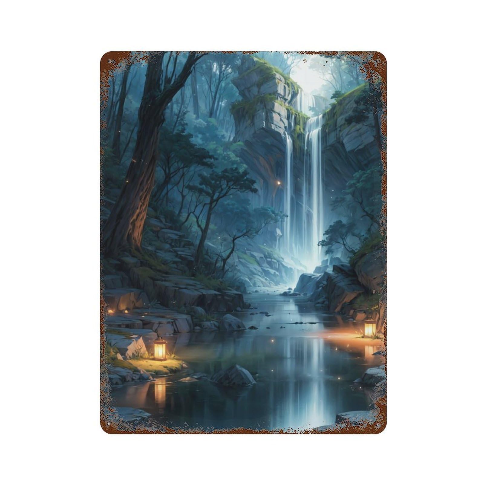Waterfall In Forest Nature Aged Metal Wall Plaque 15.7"x11.8", Ideal for Garage, Bar And Workshop Decor