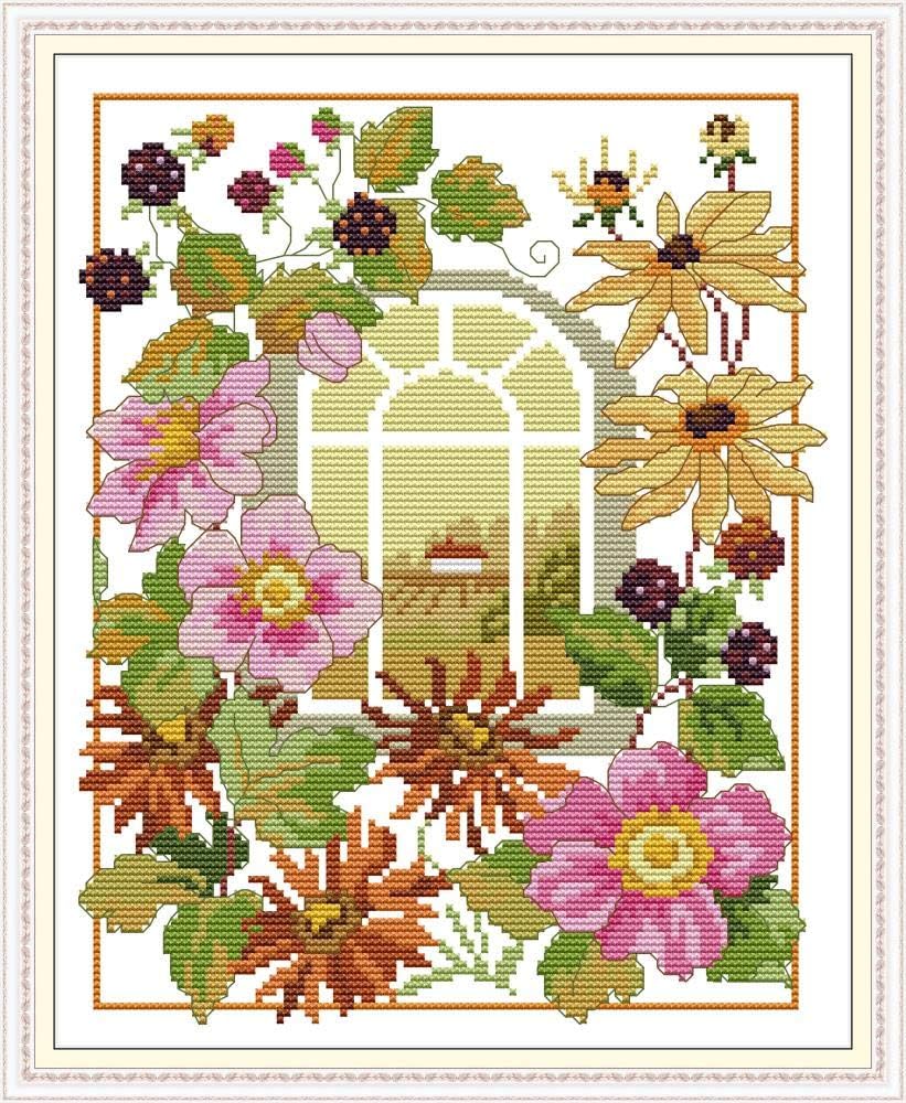 Howie's Needlepoint Cross Stitch Kits, 14CT Pre-Printed Pattern Needlepoint Kits, Full Range of Stamped Starter Kits(The Four Seasons Scenery Window-Autumn,11.02 x 13.2 inch)