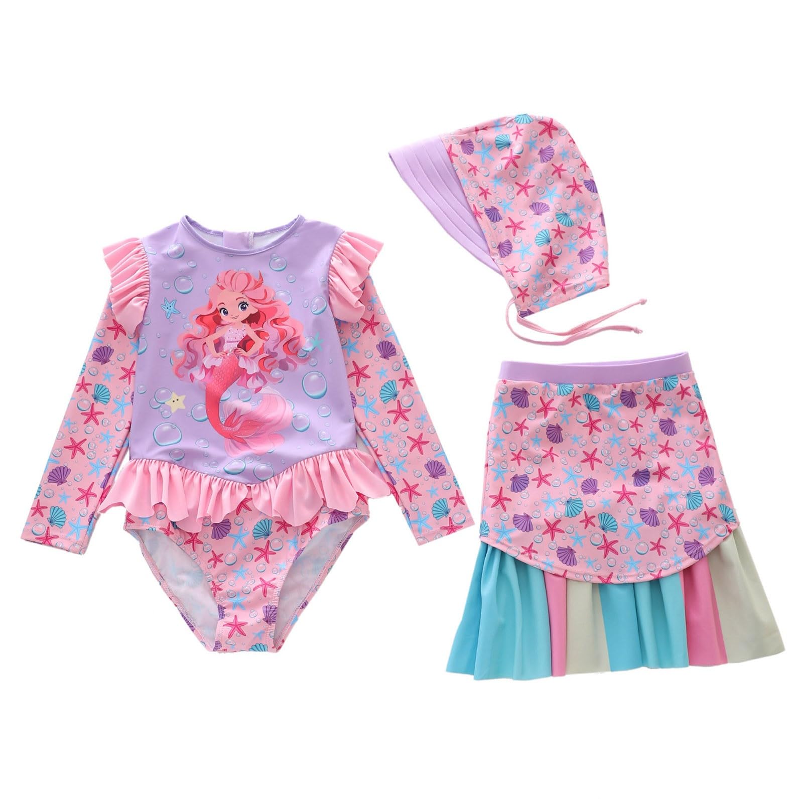 Generisch Bañador para niña de manga larga con estampado de escamas, dobladillo con volante y parte superior a juego