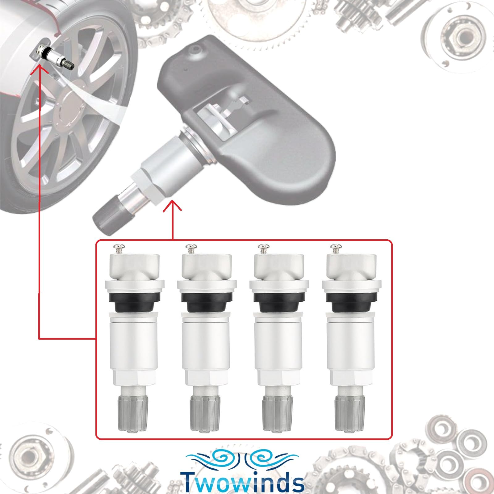 Twowinds - Válvula Sensor de Presión Compatible con Citroën C4 C5 C8, Peugeot 207 307 407 807, Ford Mondeo, Galaxy, Jeep (2006-2014), Renault Megane, Scenic - TPMS (lote de 4 piezas)