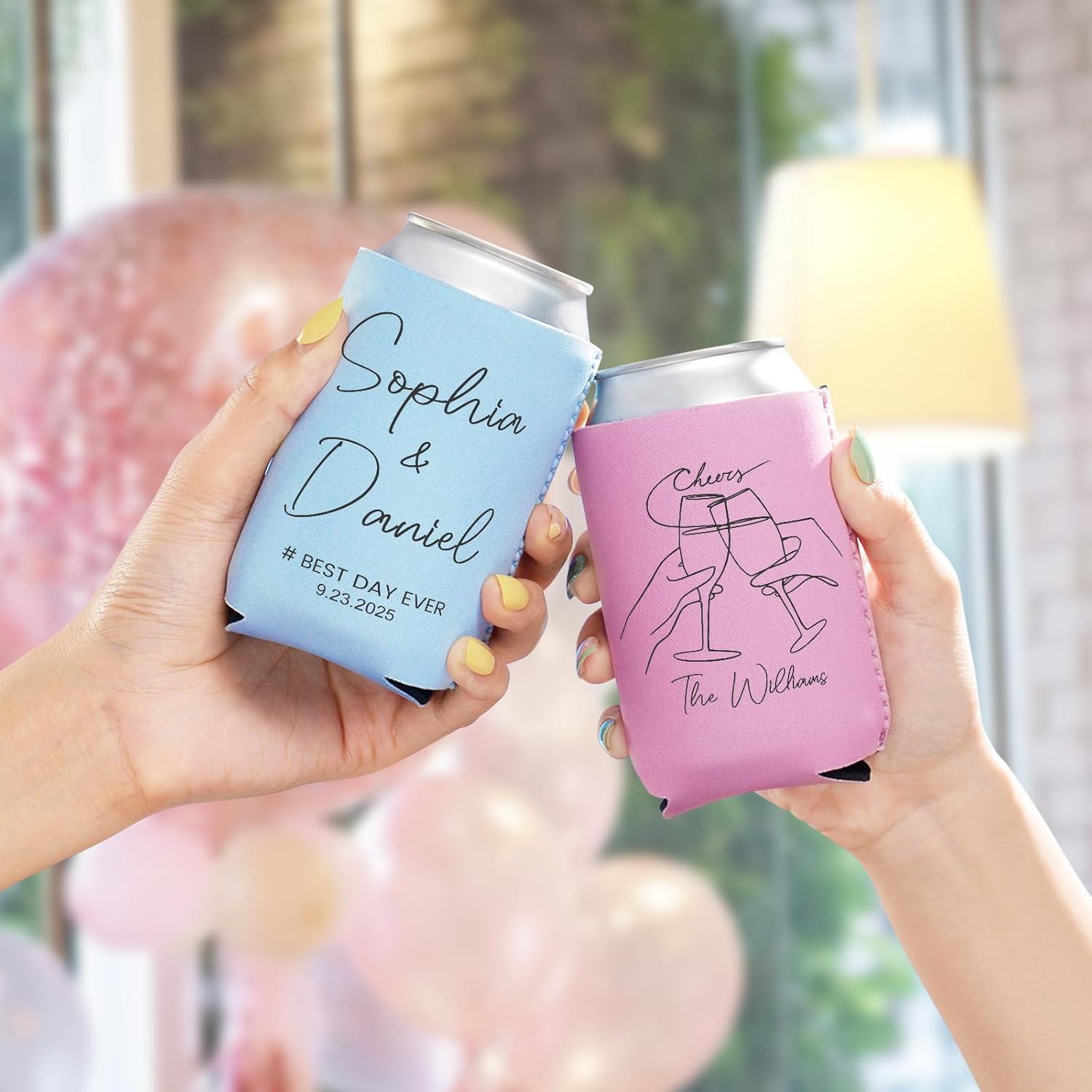 Custom Wedding Can Coolers for Guests Bulk, 50 Pack Personalized Multi-color Can Sleeves with Names Dates Quotes Monogram, Insulated Drink Holder for Wedding Engagement Party Favors, 12 oz Standard