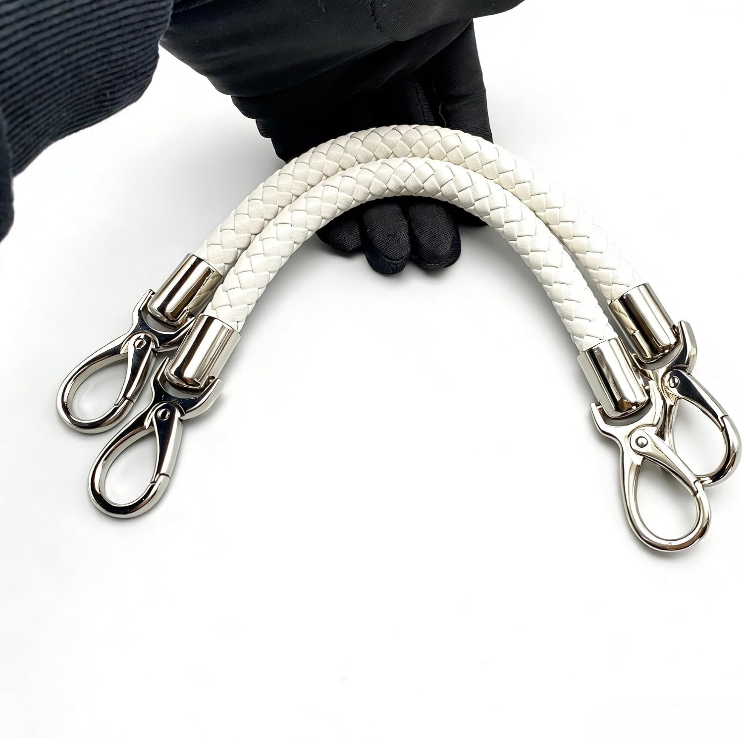 3dancraftit A Pair of Crochet Braided Faux PU Leather cope Bag Purse Handles with Nickel Hooks Purse Making Replacement 12" / 30.5cm Mat White T220