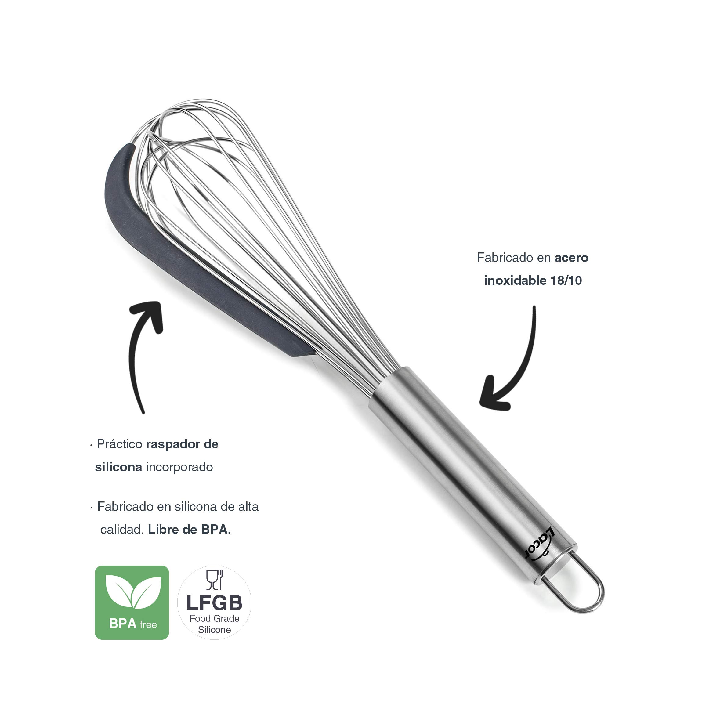 LACOR 61627 Trzepaczka Ręczna - Skrobak silikonowy - Ubij i zbierz miksturę - Inox - Ergonomiczny uchwyt - Certyfikat LFGB - Bez BPA - Nadaje się do zmywarki, Stal nierdzewna