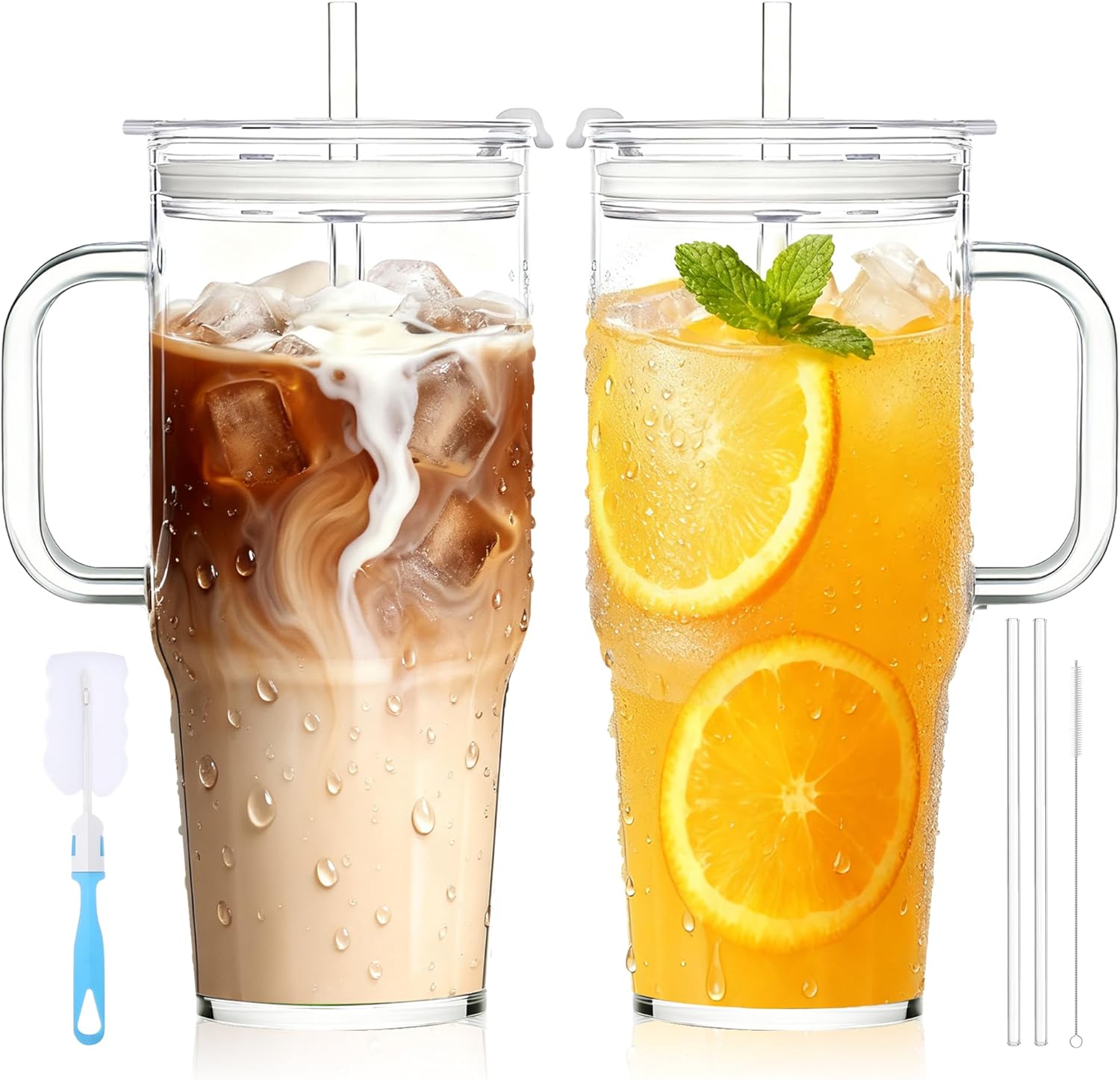 2Pack 40OZ Glass Tumbler with Handle,Glass Cup with Lid and Straw,Reusable Glass Iced Coffee Cup for Beer, Smoothies, Juice,Hot/Cold Drinks-Suitable for Birthday,Wedding,Christmas Gifts