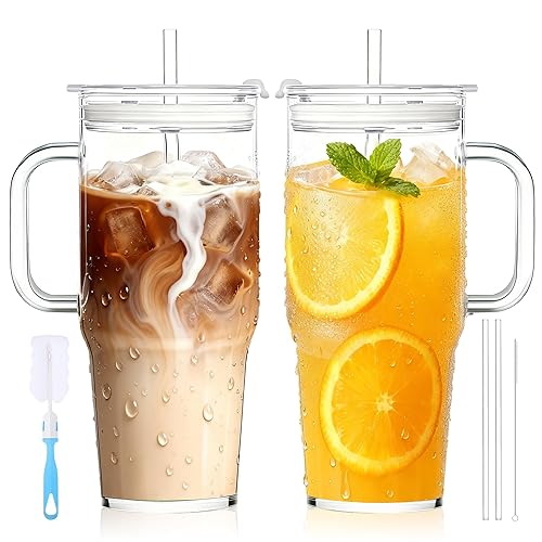 2Pack 40OZ Glass Tumbler with Handle,Glass Cup with Lid and Straw,Reusable Glass Iced Coffee Cup for Beer, Smoothies, Juice,Hot/Cold Drinks-Suitable for Birthday,Wedding,Christmas Gifts