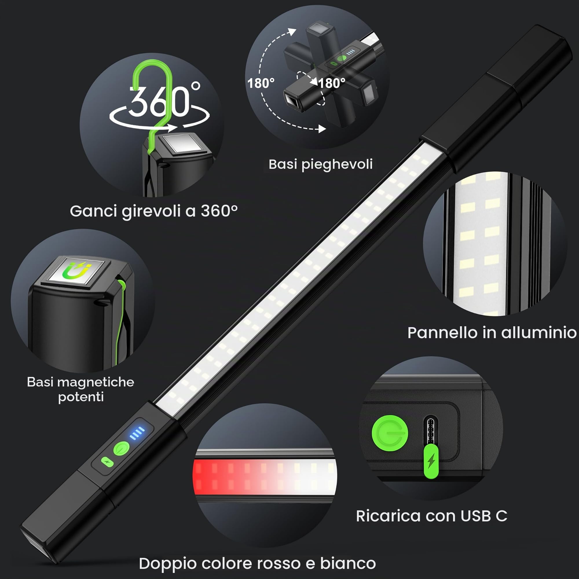 daphomeu 3000LM Lampada da Lavoro LED Ricaricabile 6400mAh con Magnete e Gancio, Lampada Officina da con Luce Rossa Emergenza per Illuminazione di Lavoro Riparazioni Automobilistiche e Situazioni