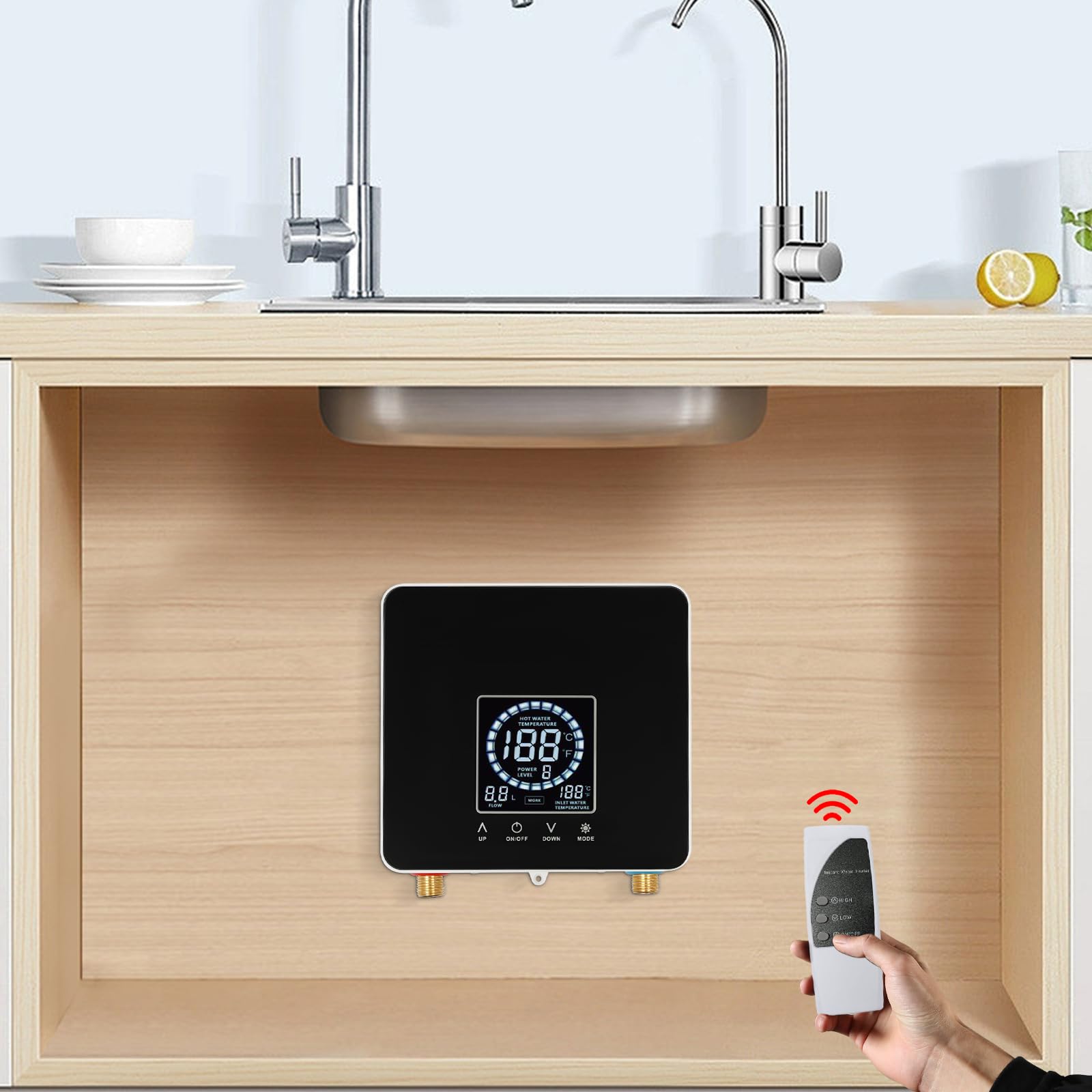 Scaldacqua elettrico istantaneo con telecomando, 7500 W, piccolo scaldabagno con sistema termostatico per cucina e bagno 220 V (nero)