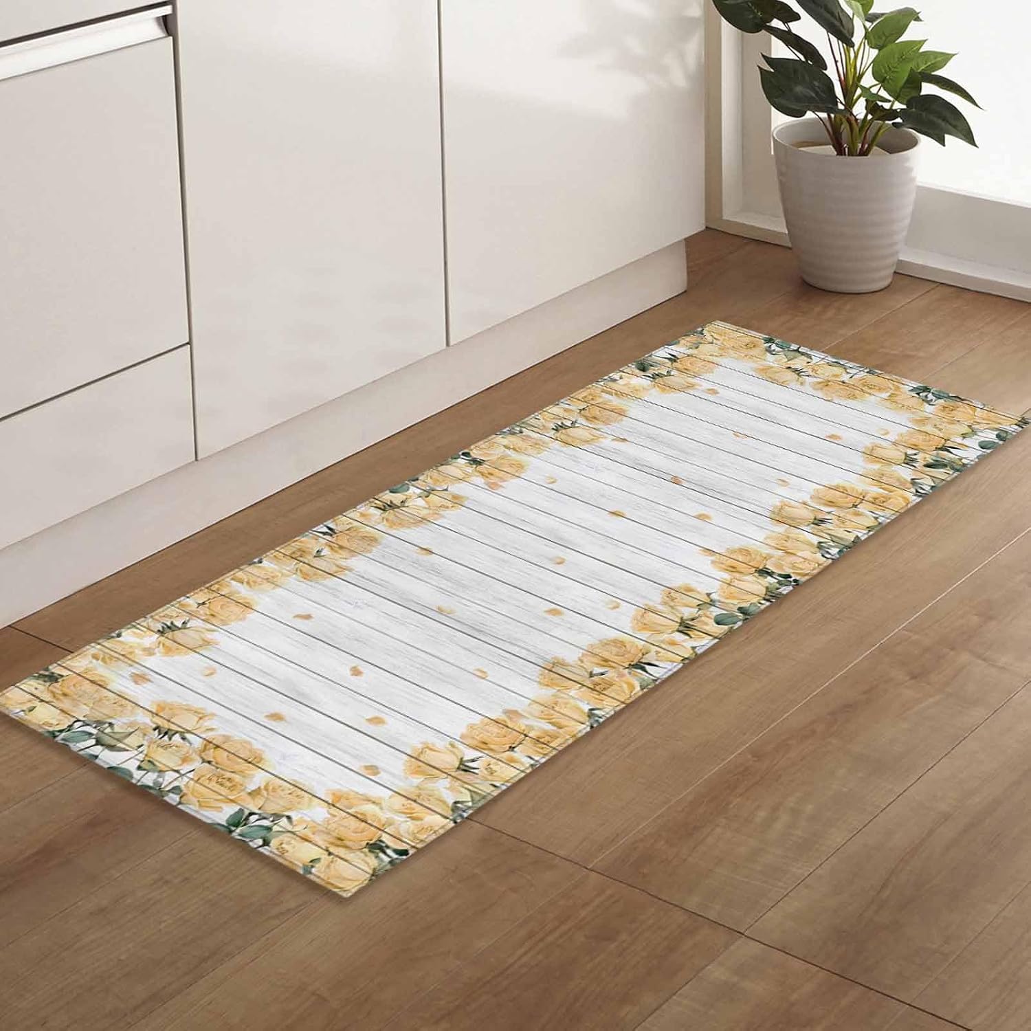 Teamery Kitchen Mats for Floor Farmhouse Yellow Rose Flower Washable Non Slip Kitchen Rugs 1PCS, Country Floral Wood Board Absorbent Standing Mats for Sink Bathroom Office Living Room 23.6x70.9in