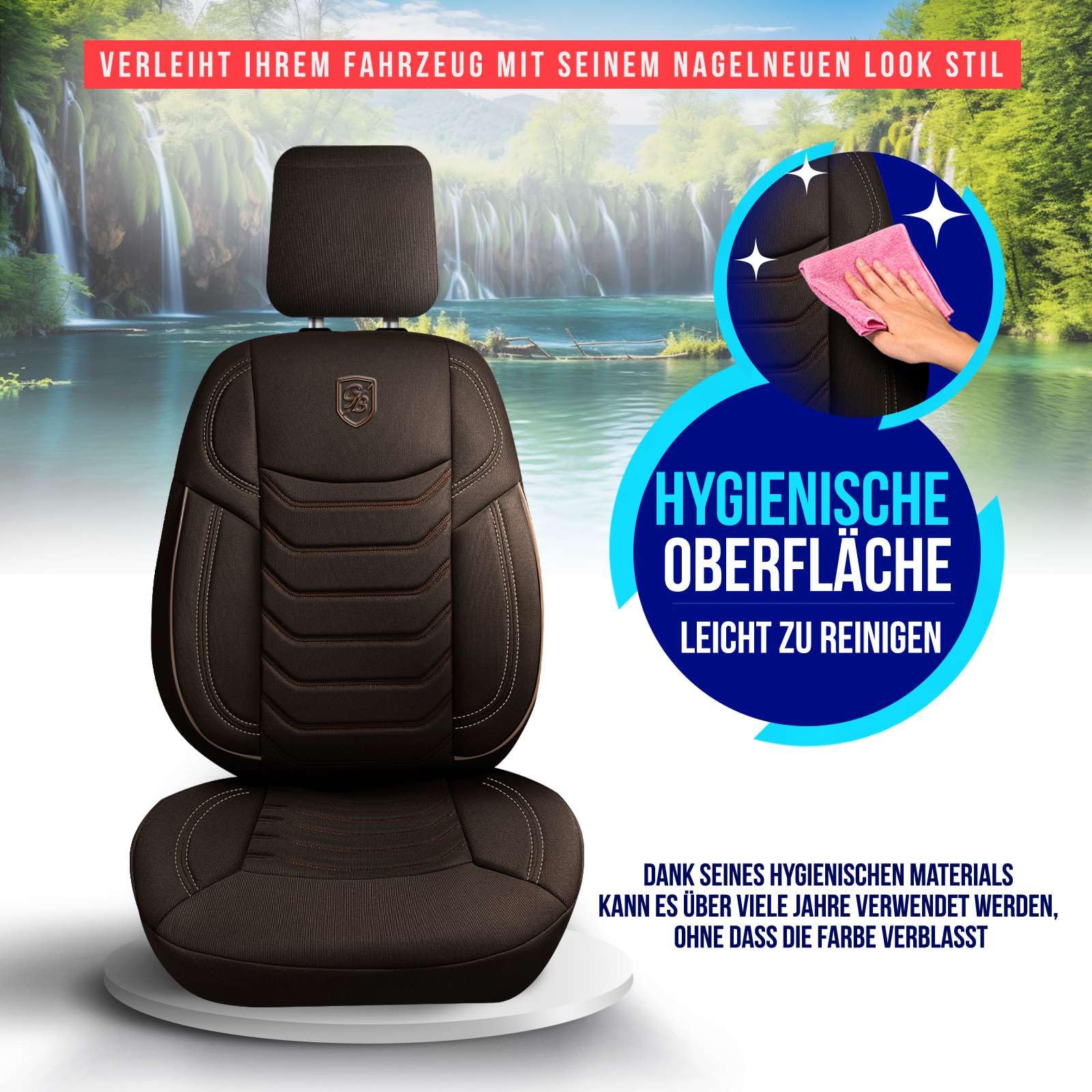 Housses de siège universelles pour voiture et SUV - Housses de siège avant de qualité supérieure en tissu Lacoste - Marron - Compatible avec airbag - Kit de montage inclus