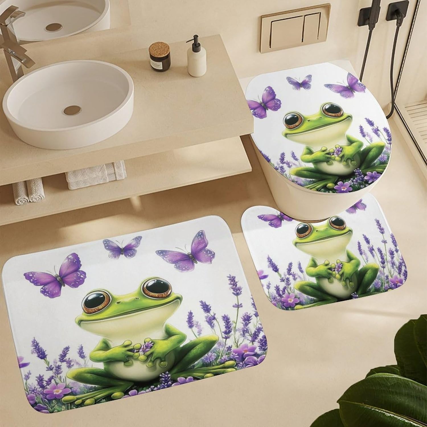 4pcs Rustic Frog Flower Shower Curtain Set with Rugs, Toilet Lid Cover and Bath Mat, Animal Butterfly Bathroom Curtains Decor Shower Curtains, 72" X 72"