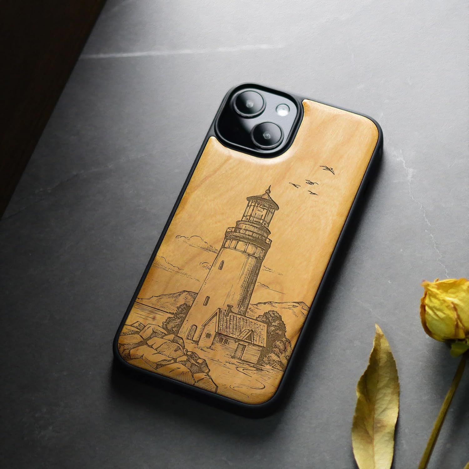 Carveit Magnetic Wood Case for iPhone 14 Case [Natural Wood & Black Soft TPU] Unique & Classy Wooden Shockproof Protective Cover Compatible with magsafe (Lighthouse -Cherry)