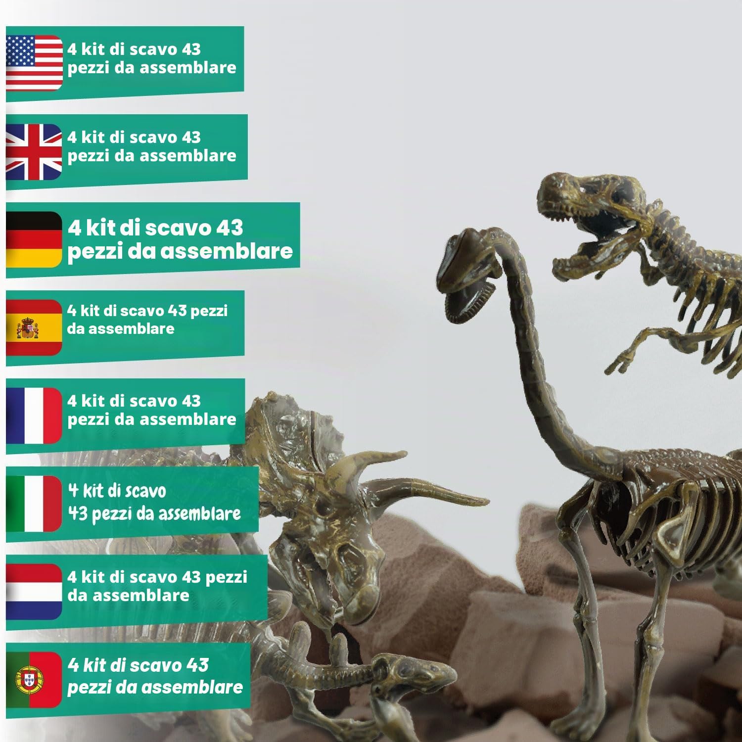 Science4you - Kit Dinosauri 4 in 1 - Fossili da Scavare e Assemblare di 4 Dinosauri: T Rex, Stegosauro, Triceratopo e Velociraptor - Scheletro Dinosauro da Construire, Giocattoli per Bambini +6 Anni