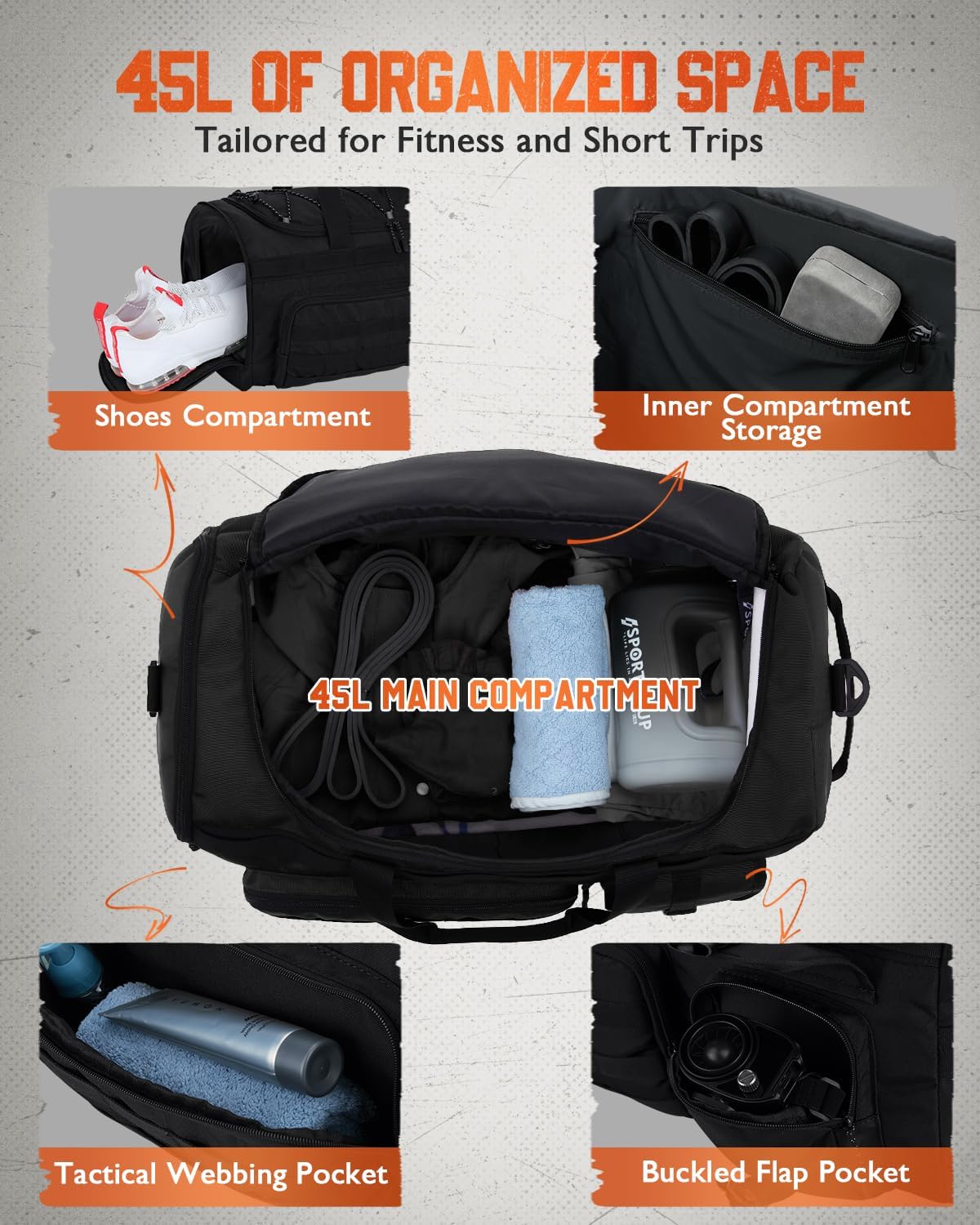 Gonex 45L Duffel Bag for Men, 3 in 1 Convertible Carry Gym Duffle with Shoe Compartment, Tactical Gear Loops, Water-Repellent Lining, Workout & Travel Bag (Black) - Image 3