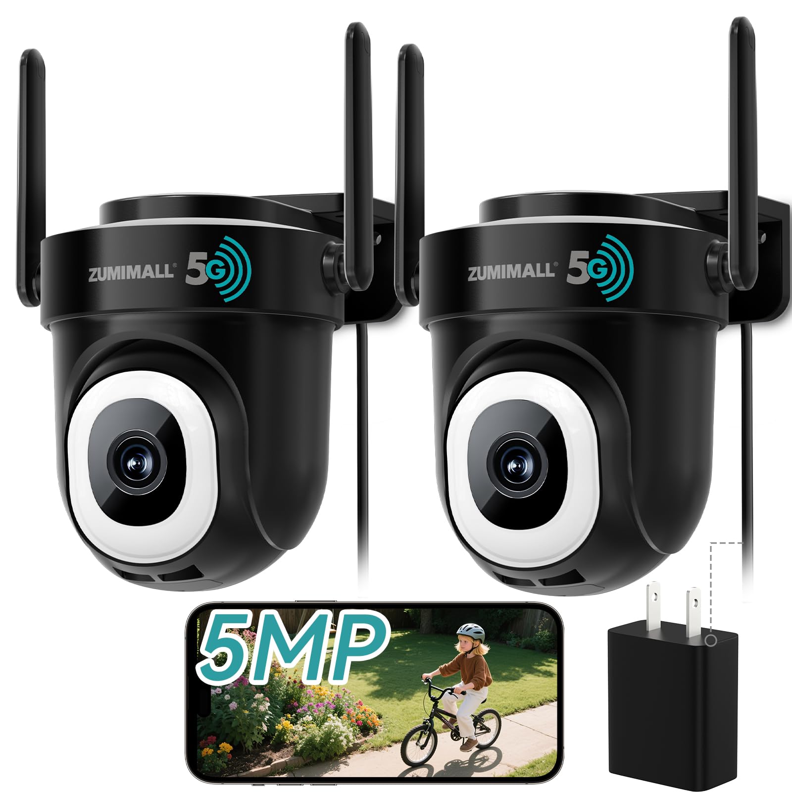 ZUMIMALL 5MP 5G WiFi Security Camera 2-Pack Black, 24/7 Recording, 360° PTZ Auto Tracking, Support SD Storage, Color Night Vision, AI Detection, 2-Way