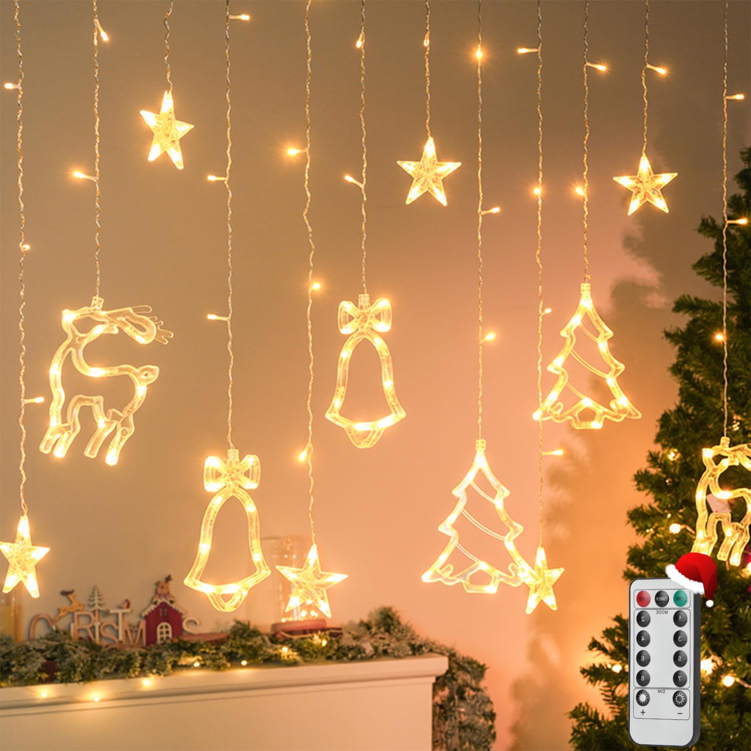 Aigostar 3×0.6m 120 LED Cortina de Luces Navidad con Control Remoto, 8 Modos Luces de Cadena de Cortina Brillo Ajustable, IP44 Impermeable Guirnaldas Luces para Habitacion, Exterior (Blanco Cálido)