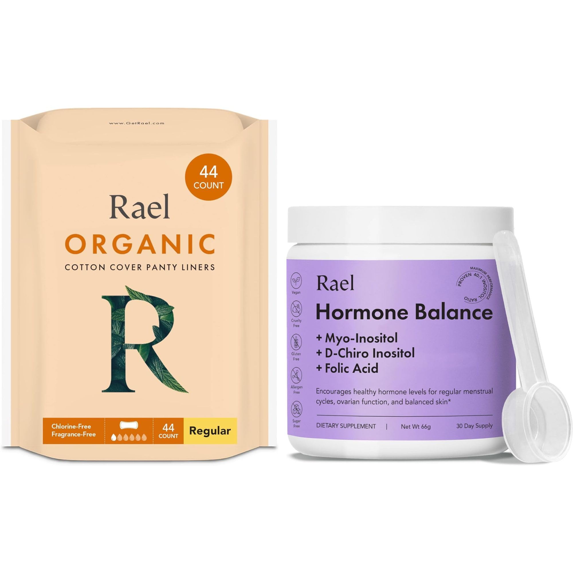 Rael Bundle - Organic Cotton Cover Panty Liners (Regular, 44 Count) & Hormone Balance Supplement for Women, Fertility & Ovarian Support (30 Day Supply)