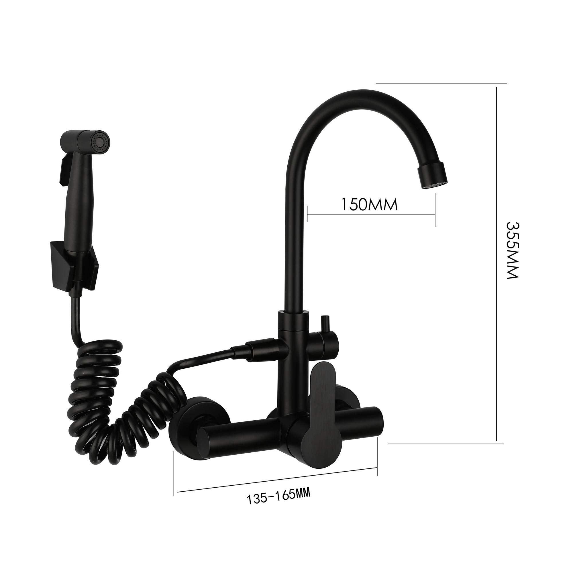 HomeLava Grifo Cocina Pared con Pistola, Grifo de Cocina Negro, Mezclador Cocina de Acero Inoxidable 304 con Caño Alto Giratorio de 360°, Grifo de Agua Fría y Caliente