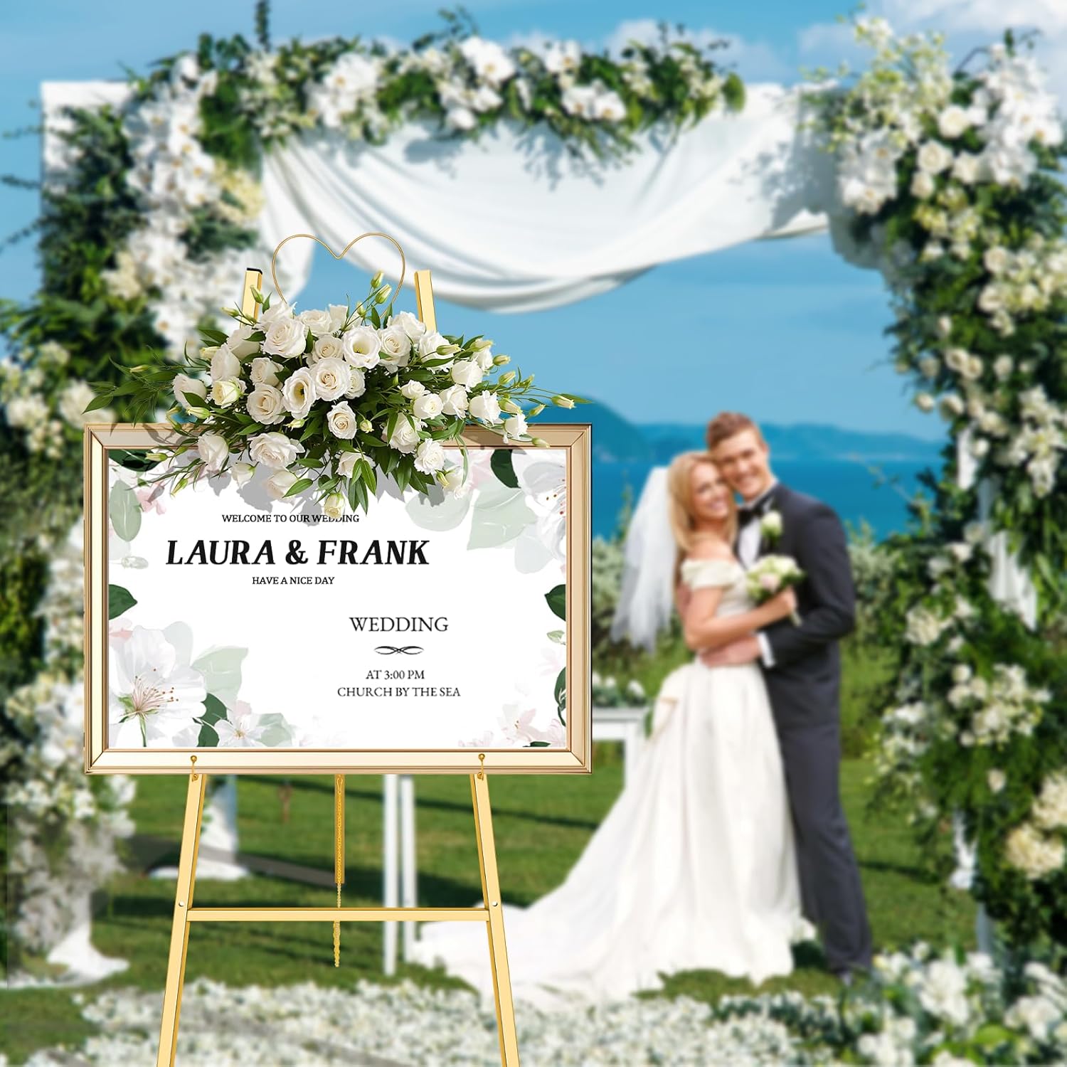 47.6" gold easel stand for wedding sign, adjustable gold easel for sign, picture frame, mirror easel stand with chain-supports up to 25 lbs, heavy duty easel for paintings, home decor, commercial