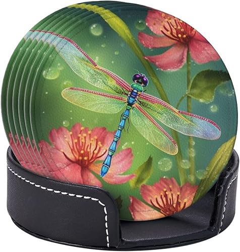 Miniatura 6 de Juego de 6 posavasos de cuero con soporte para bebidas con estampado de libélulas y flores, posavasos redondos para decoración de mesa auxiliar