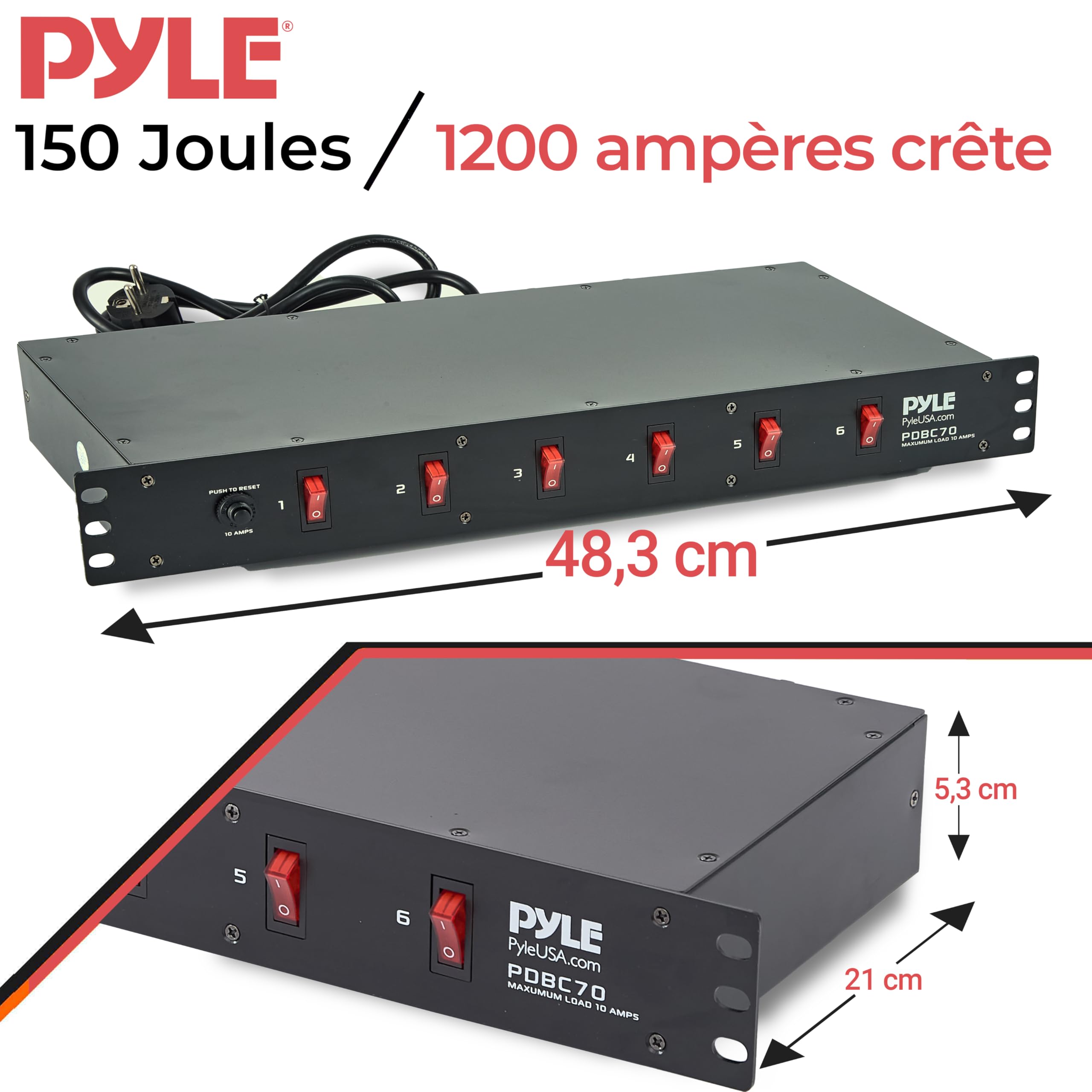 Pyle Multiprise Parafoudre 6 Prises Rack 48 cm 1U – Bloc PDU Électrique 15A, Châssis Acier, Câble 1,8 m, Disjoncteur – Protection Équipements Audio/Vidéo et Informatique