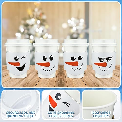 Miniatura 3 de Paquete de 100 vasos de papel desechables de Navidad de 12 onzas con tapas y fundas para tazas de café, tazas de chocolate de Navidad, tazas de café