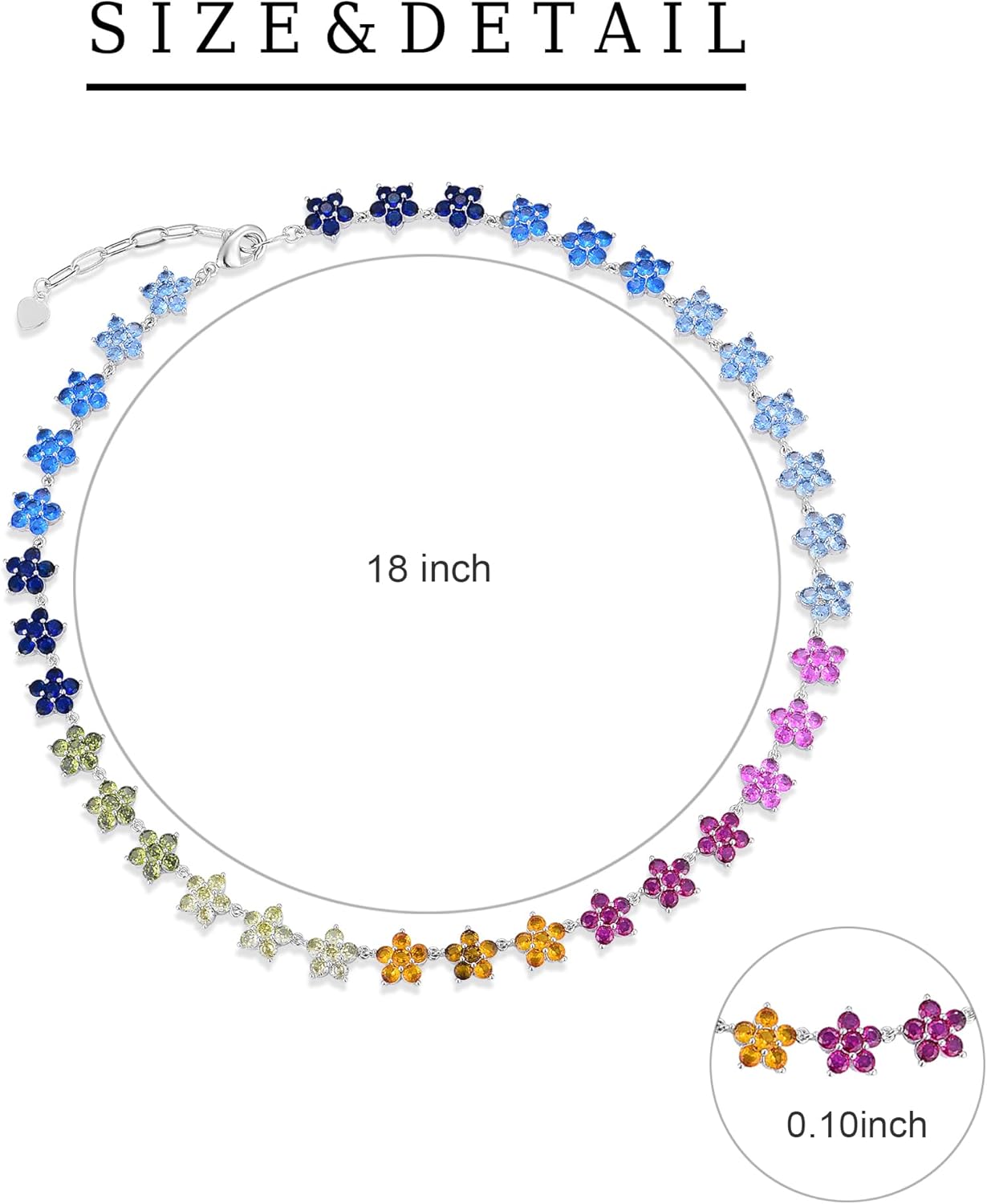 Rainbow Daisy Tennis Necklace for Women, 18" Ombre CZ Flower Choker, Multicolor Cubic Zirconia Floral Chain in Brass, Dainty Color-Gradient Necklace - Image 4