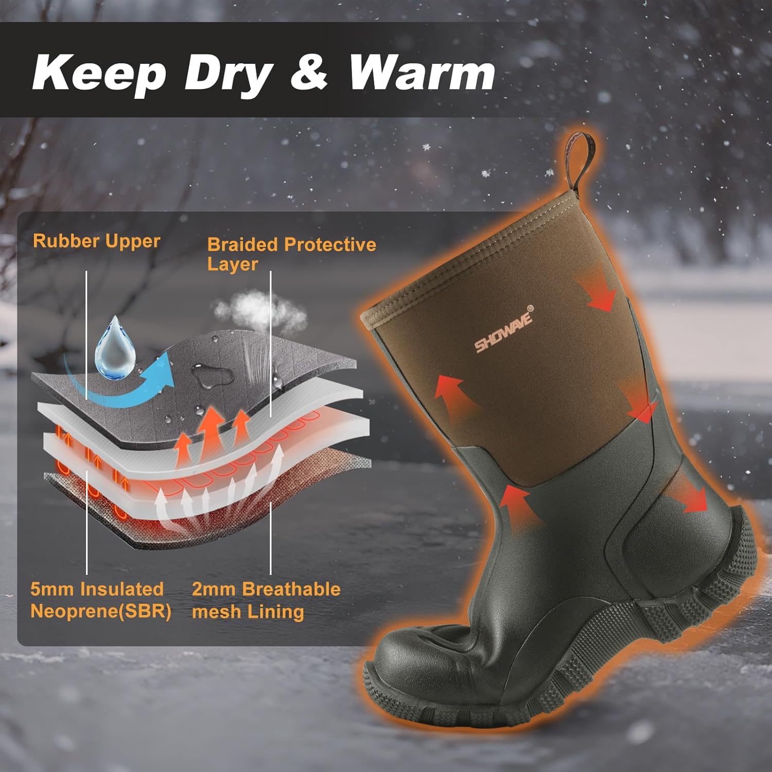 Showave Rain Boots Men Insulated Rubber Boots for Men Waterproof Mud Boot Slip On Garden Boot for Farming Hunting Fishing - Image 3