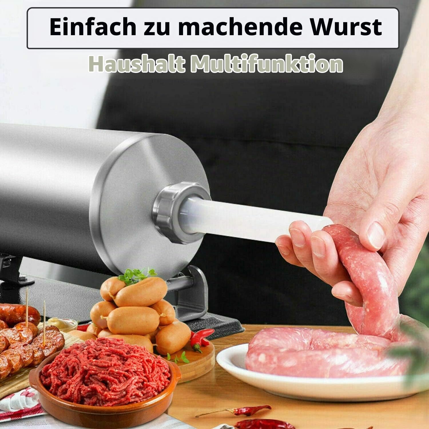 6 LBS Wurstfüller – Edelstahl-Wurstmaschine für den Hausgebrauch, manuell, horizontal, zum Füllen von Fleisch, Küchenmaschine, mit 8 Füllschläuchen