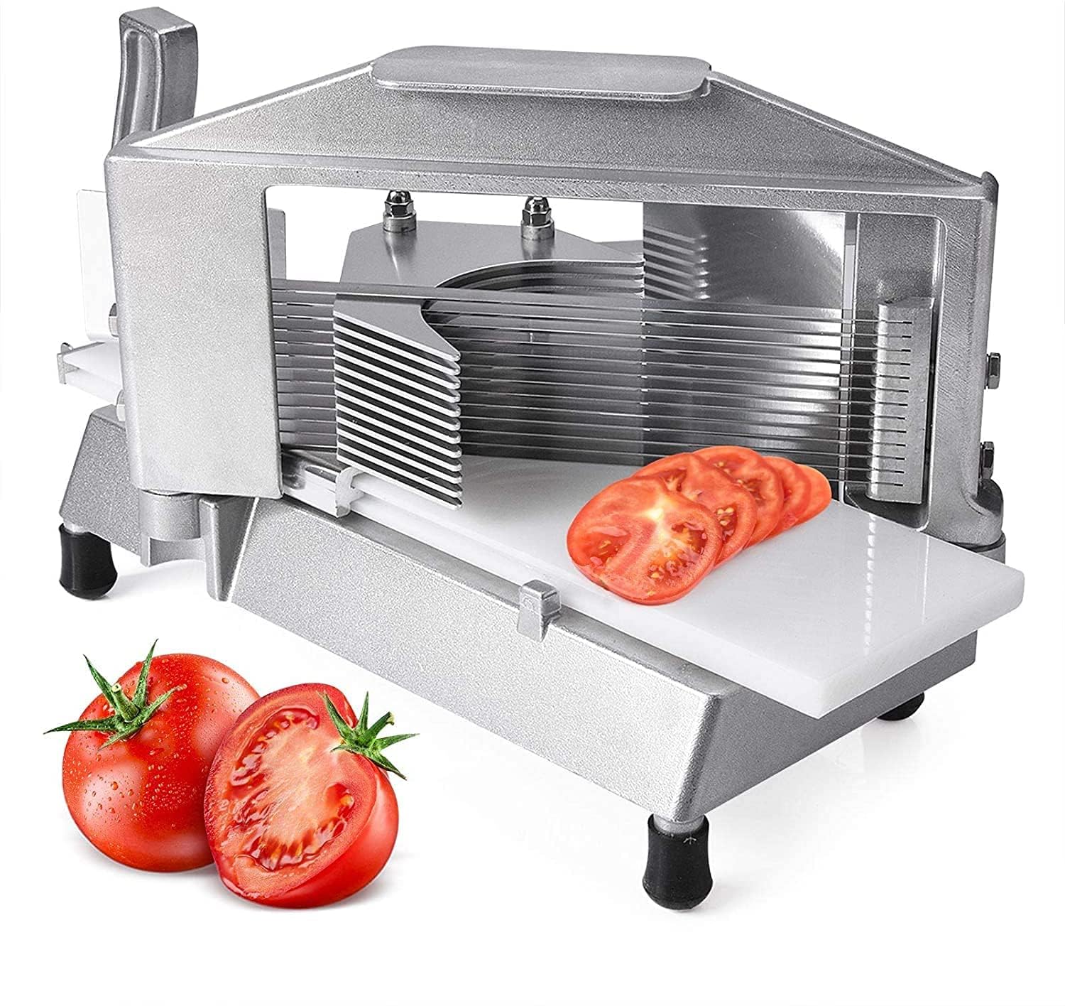 Kommerzieller Tomatenschneider, manueller Obstschneider, Obstschneider, Gemüsehobel, robuster Tomatenschneider mit austauschbaren Klingen aus Edelstahl mit integriertem Schneidebrett