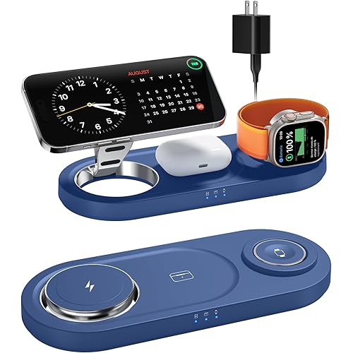 Upgraded 3 in 1 Wireless Charging Station for Apple Devices, Faster Mag-Safe Charger Stand, Magnetic Charger Station for iPhone 17/16/15/14/13/12 & AirPods Pro & Apple Watch Series (Sapphire Blue)