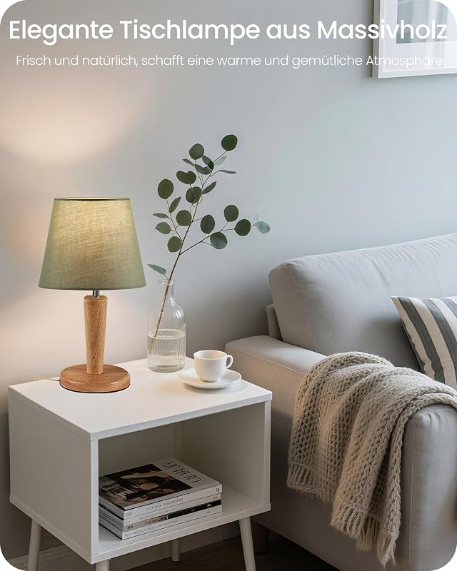 Set de 2 lămpi de noapte din lemn GOEBLESON, lămpi de masă verzi cu abajur din in, bec E27 inclus, 3000K 4000K 6500K, pentru living, dormitor sau pervaz