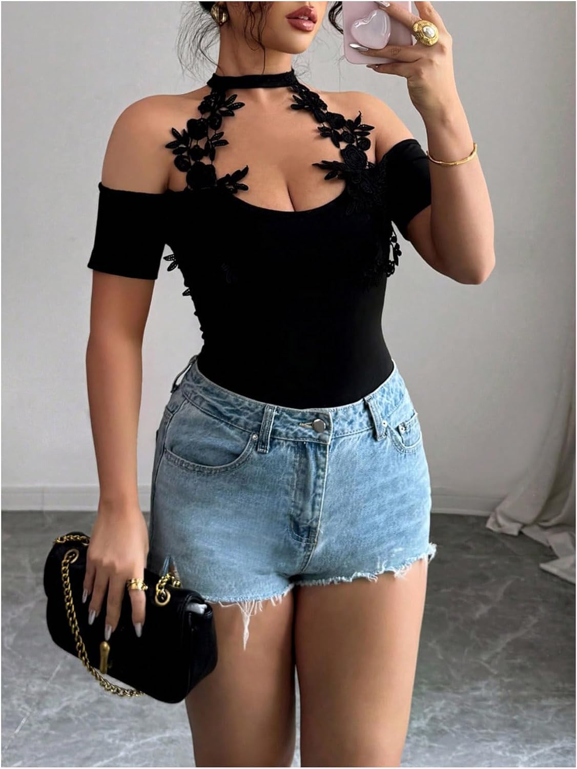 MakeMeChic Women's Elegant Floral Halter Neck T Shirt Cold Shoulder Short Sleeve Fitted Tee Tops - Image 5
