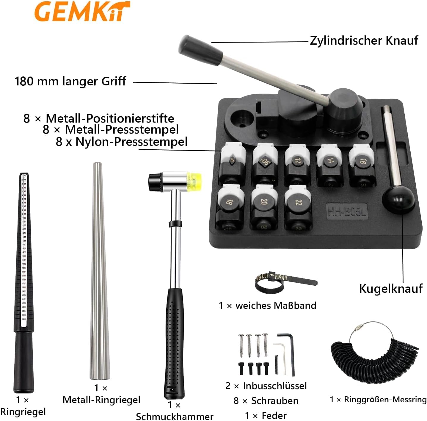 Herramienta para doblar y medir anillos – Ajustador profesional de joyas para anillos apretados o sueltos, kit de cambio de tamaño de metal negro (hombres y mujeres, medición precisa HH-B05N-2