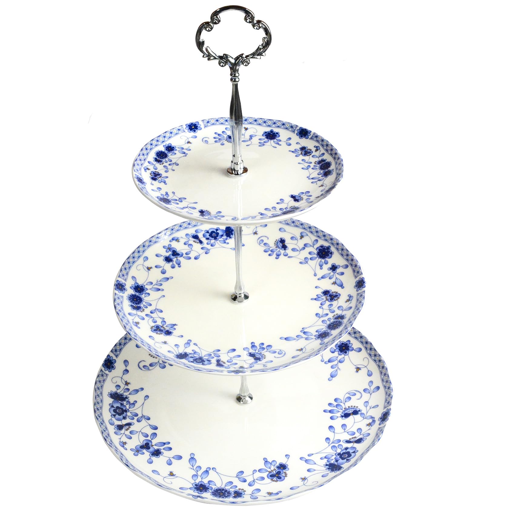 LE POTOCIO 3-Tier Afternoon Tea Stand, Porcelain Cupcake Stand Serving Tray, Blue and White Bone China Cake Stand, Pastry Serving Stand for Tea Party, Wedding and Birthday (Blue 3 Tiers)