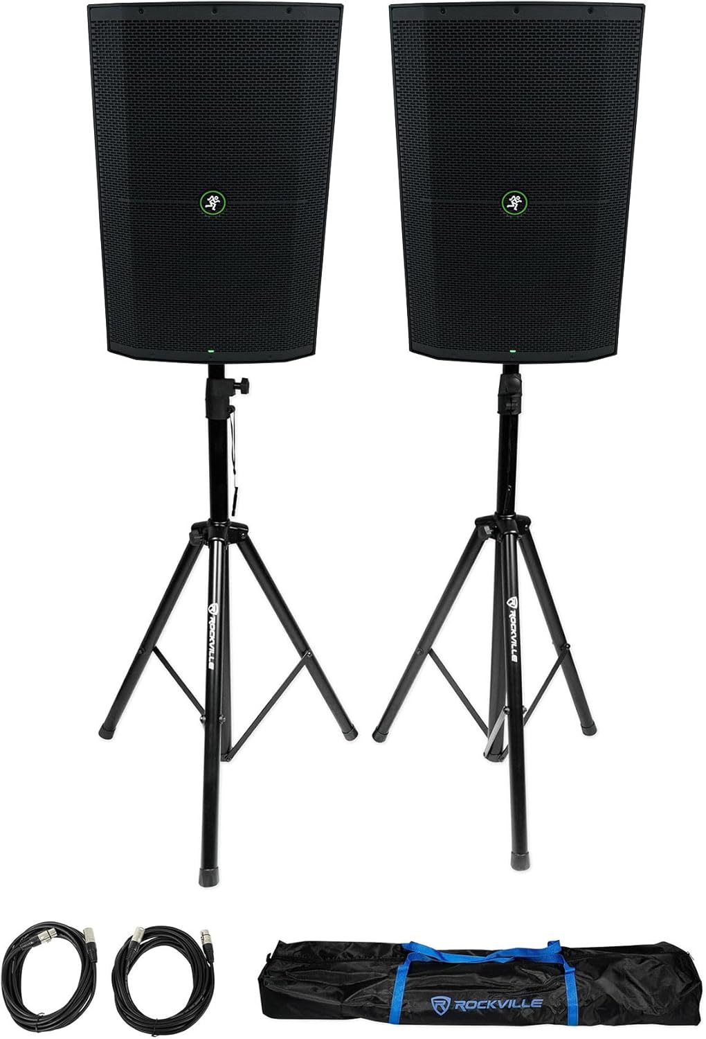 Audiosavings Bundle: (2) Mackie Thump215XT 15" 1400 Watt Enhanced Powered DJ PA Speaker Thump 215XT Bundle with Pair of Rockville Adjustable Tripod Speaker/Light Stands+ 20 Foot XLR Cables (3 Items)
