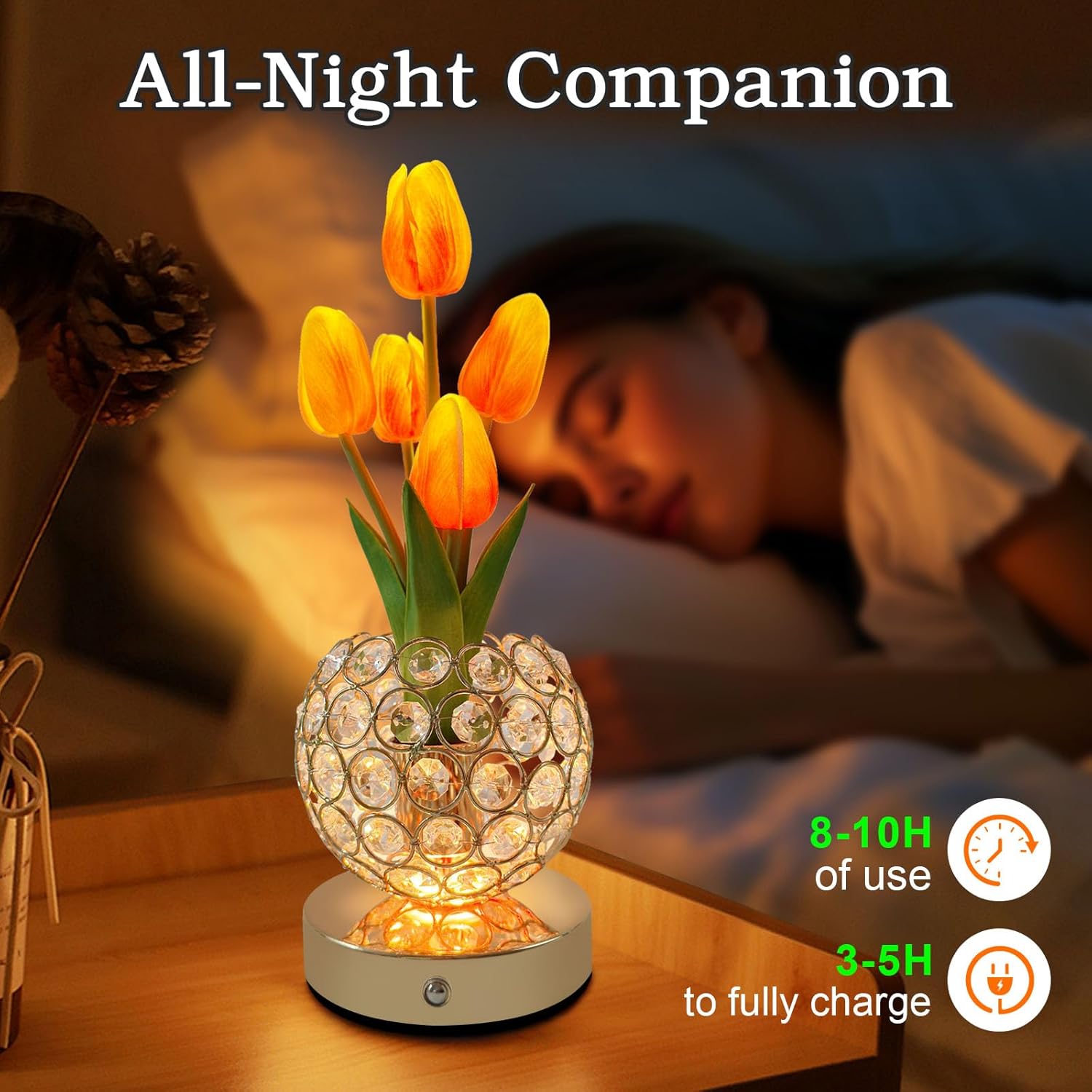 Cordless Tulip Flower Lamps, 3 Colors Touch Stepless Dimming Crystal Night Light, Rechargeable Artificial LED Flower with Vase Lamp Romantic Decor for Mothers Day,Xmas,Birthday (Pink) - Image 5