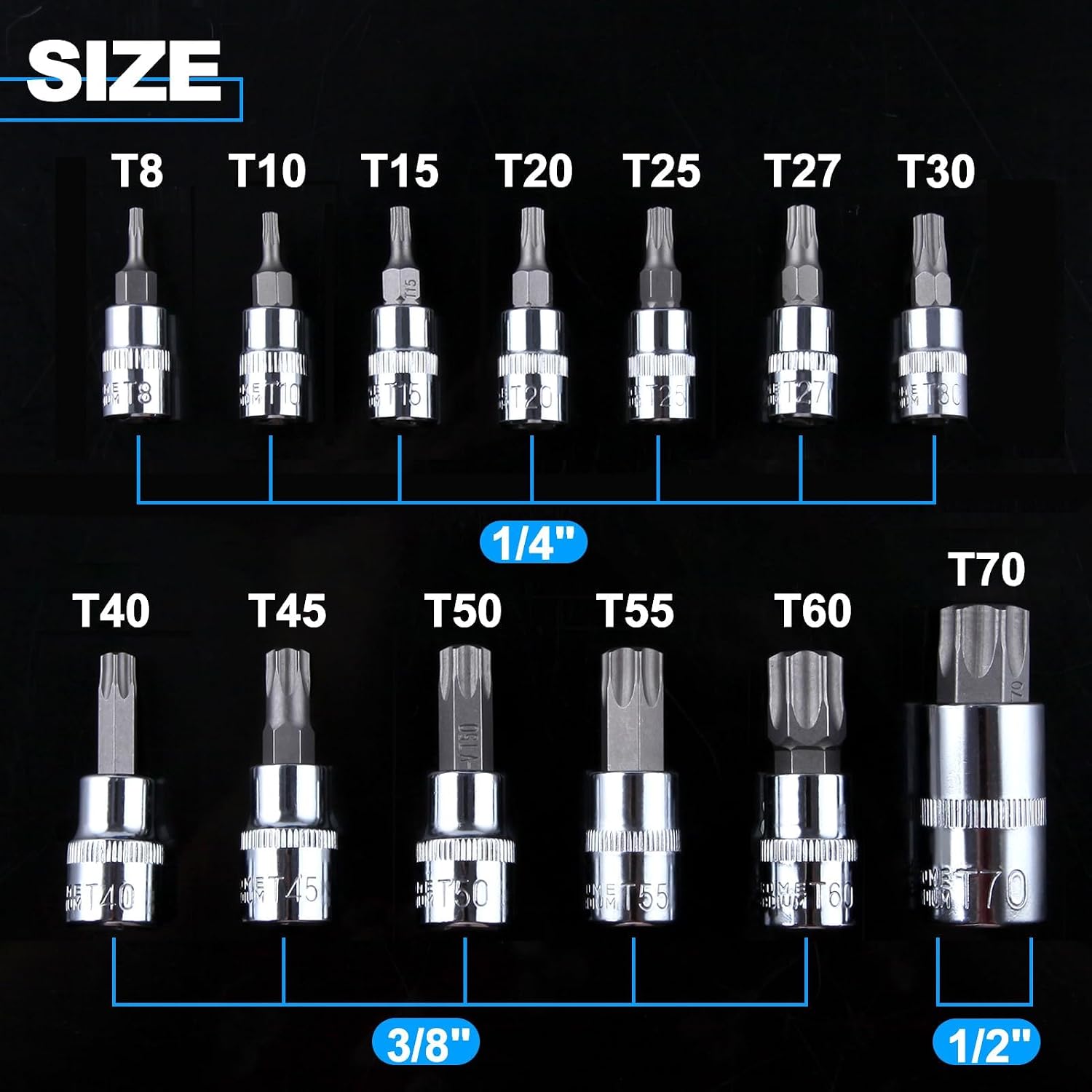 13 Piece Torx Bit Socket Set T8-T70 Star Socket Set, 1/4" 3/8" 1/2" Drive, CR-V & Alloy Steel Sockets with Storage Case For Hand Use Work On Cars, Trucks, Motorcycle, Machinery