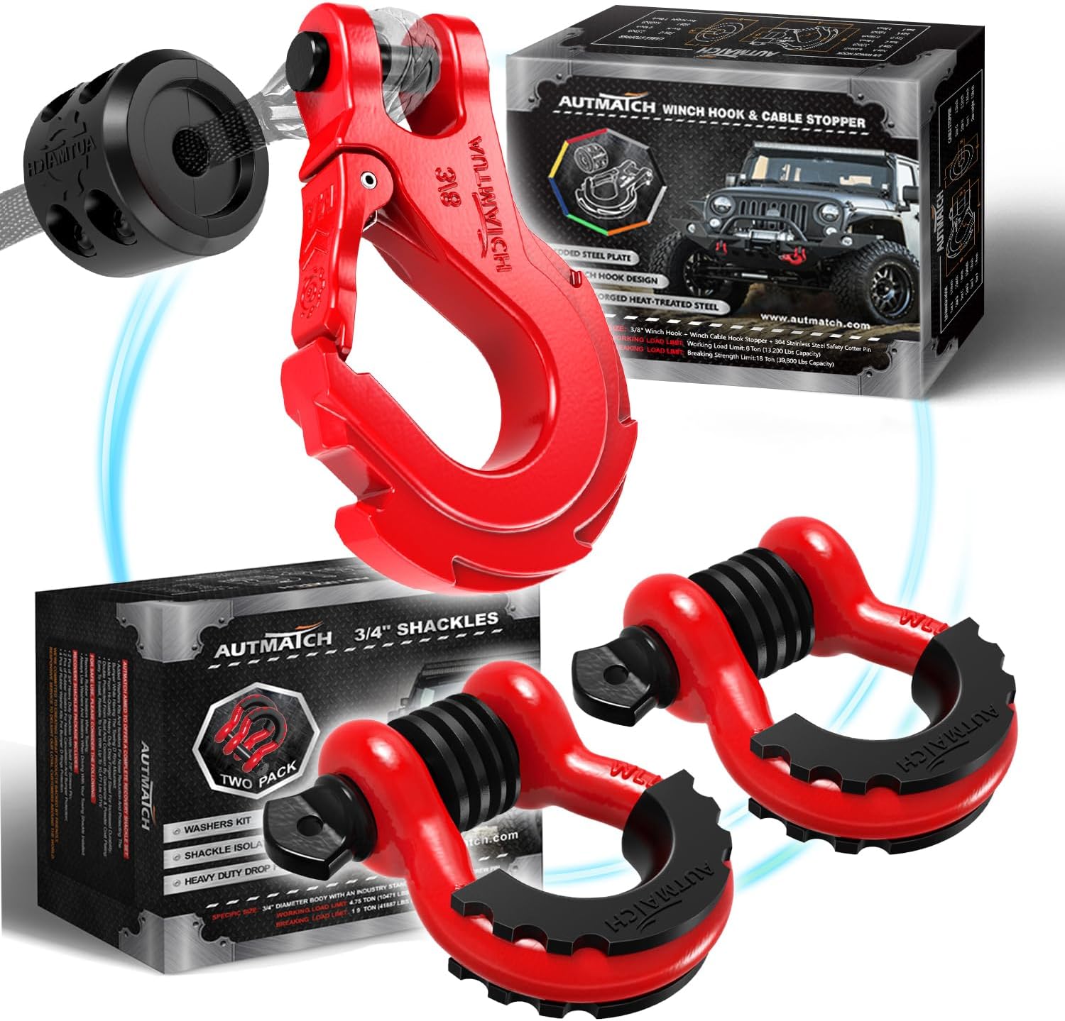 AUTMATCH 3/8" Winch Hook with Winch Cable Hook Stopper, 3/4" D Ring Shackles - Grade 70 Forged Steel Clevis Slip Hook Work for Winch Rope, ATV, UTV, Off Road Vehicle, Red