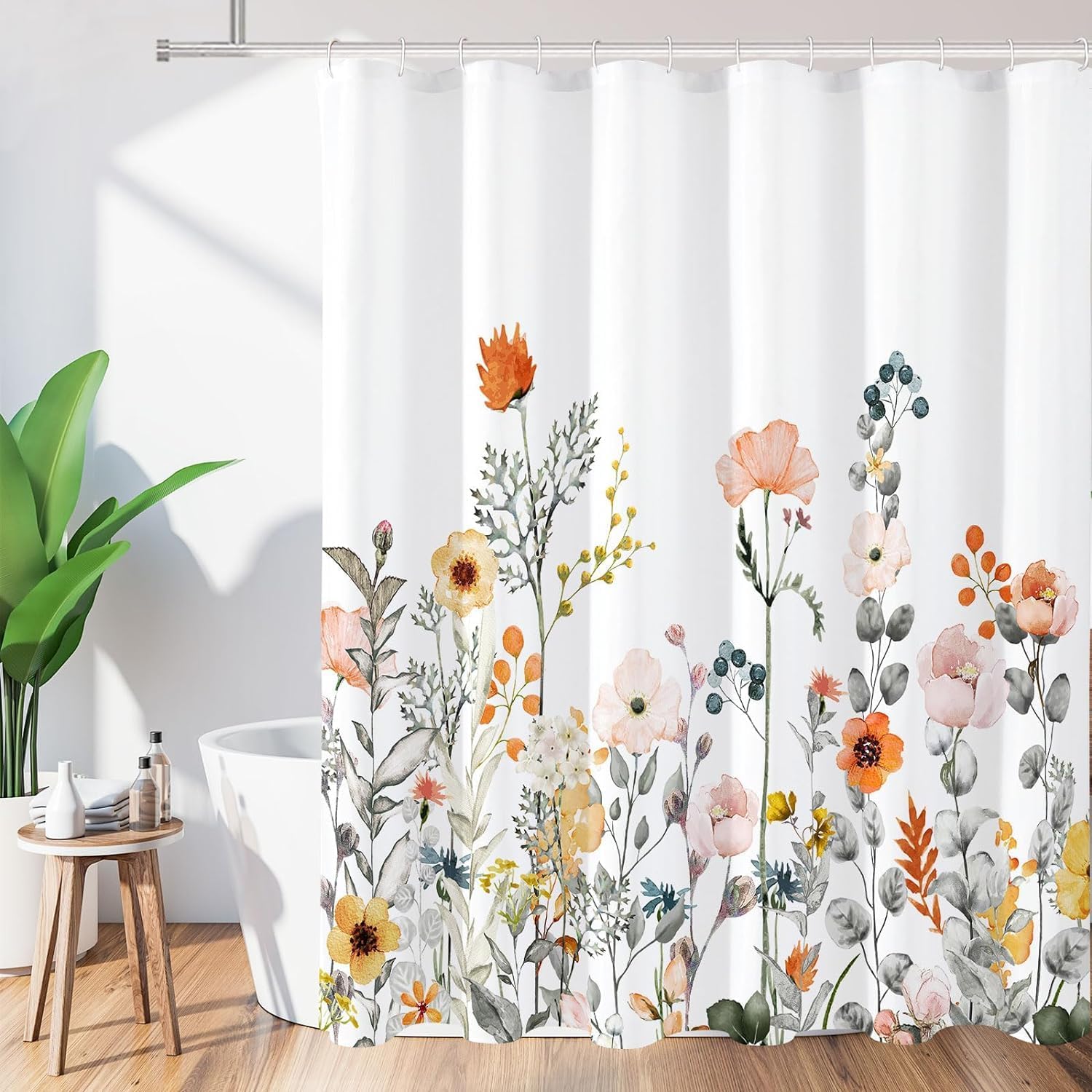Floral Shower Curtain for Bathroom, Spring Flower Shower Curtain,Colorful Wildflower Shower Curtain,Waterproof Fabric Shower Curtain Set with Hooks Decorative Machine Washable 180x180 cm