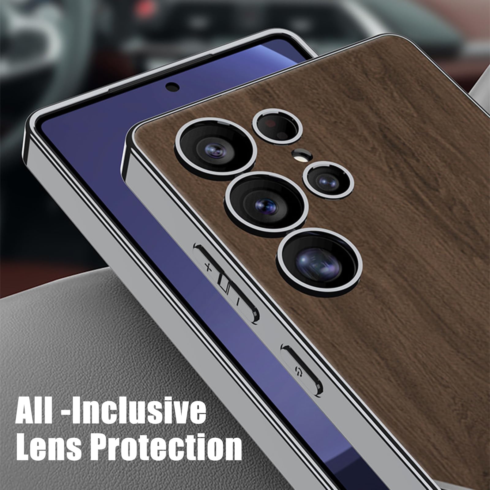 Stylowe etui do Samsunga Galaxy S25 Ultra/S25 Plus/S25, tekstura drewna i włókna węglowego, wąskie etui, kompleksowa ochrona soczewek, brązowe, S25