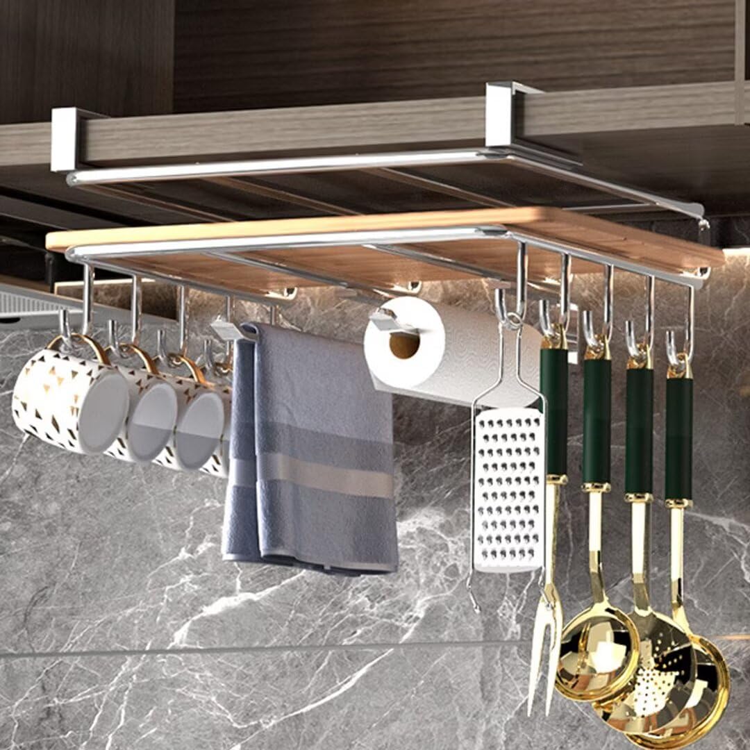 Schneidebrett-Regal, Topfdeckel-Halter, kein Bohren, stilvolle Wandmontage, Regal mit Haken, silberfarben, Küchenaufbewahrungslösung