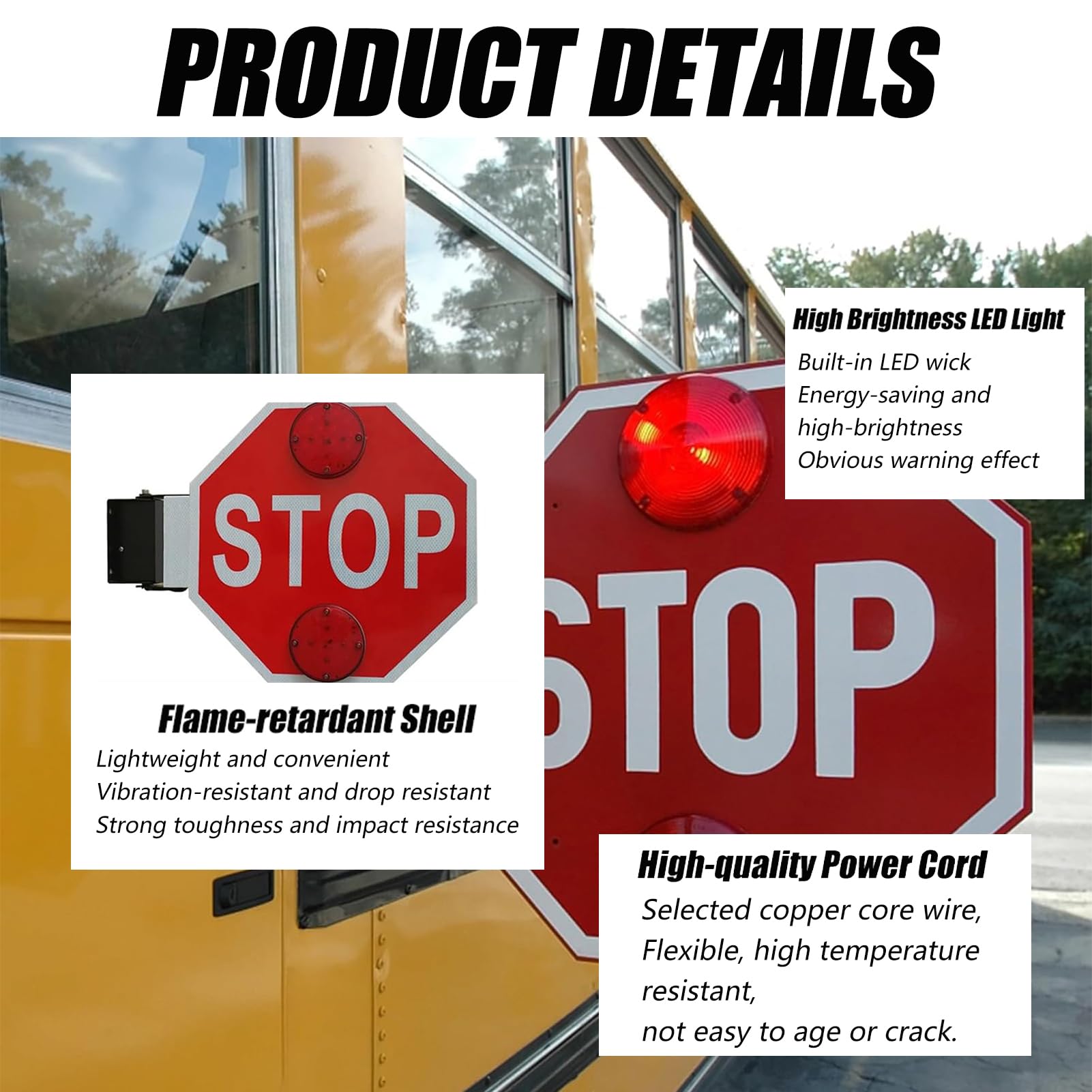 Nowa, manualna/elektryczna tabliczka przytrzymująca autobus szkolny 18" – dwustronna, migająca aluminiowa tabliczka z przyssawką i dobrze widoczną lampką ostrzegawczą dla większego ruchu